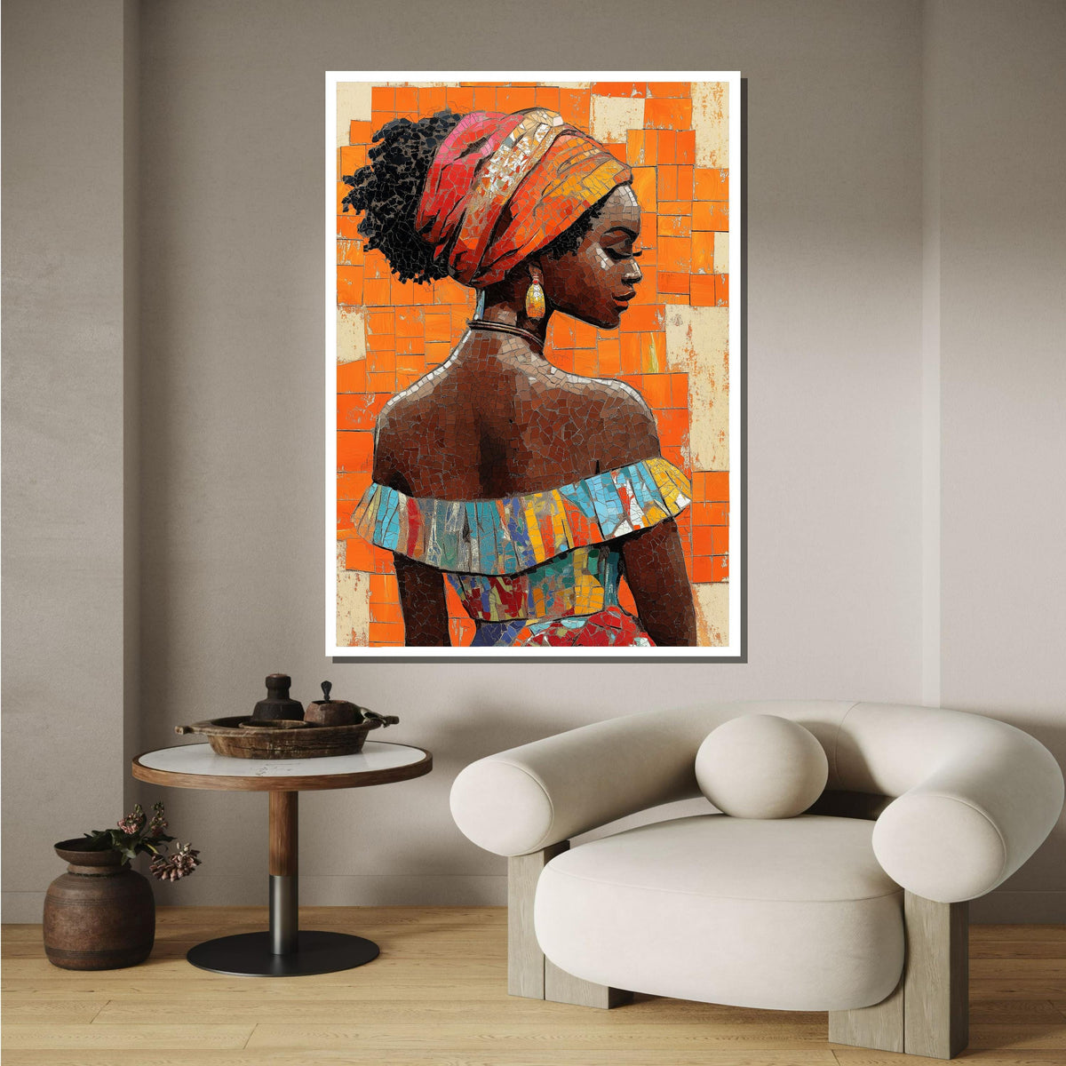 African Mosaic Woman Wall Art, Vibrant Orange Portrait Canvas, Cultural Beauty Decor, Afrocentric Art Print, Afroamerica Art, Ready to Hang