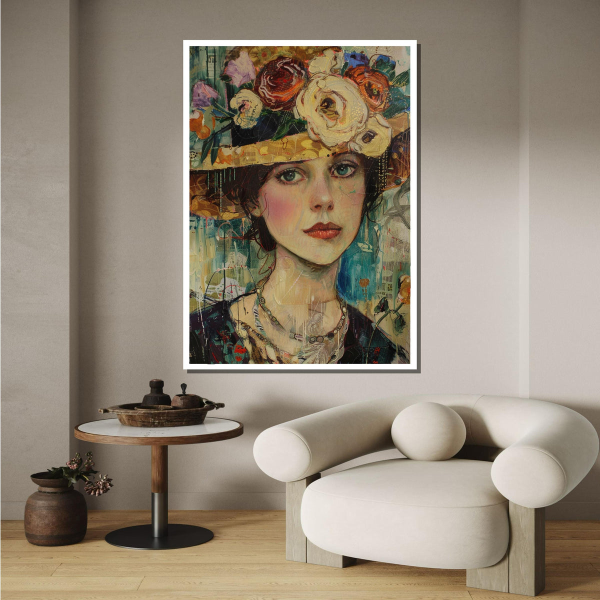 Vintage Floral Hat Portrait Canvas, Romantic Woman Wall Art, Flower Adorned Hat Painting, Feminine Bohemian Decor, Ready to Hang