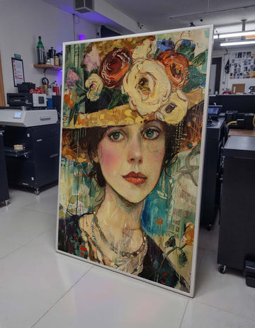 Vintage Floral Hat Portrait Canvas, Romantic Woman Wall Art, Flower Adorned Hat Painting, Feminine Bohemian Decor, Ready to Hang