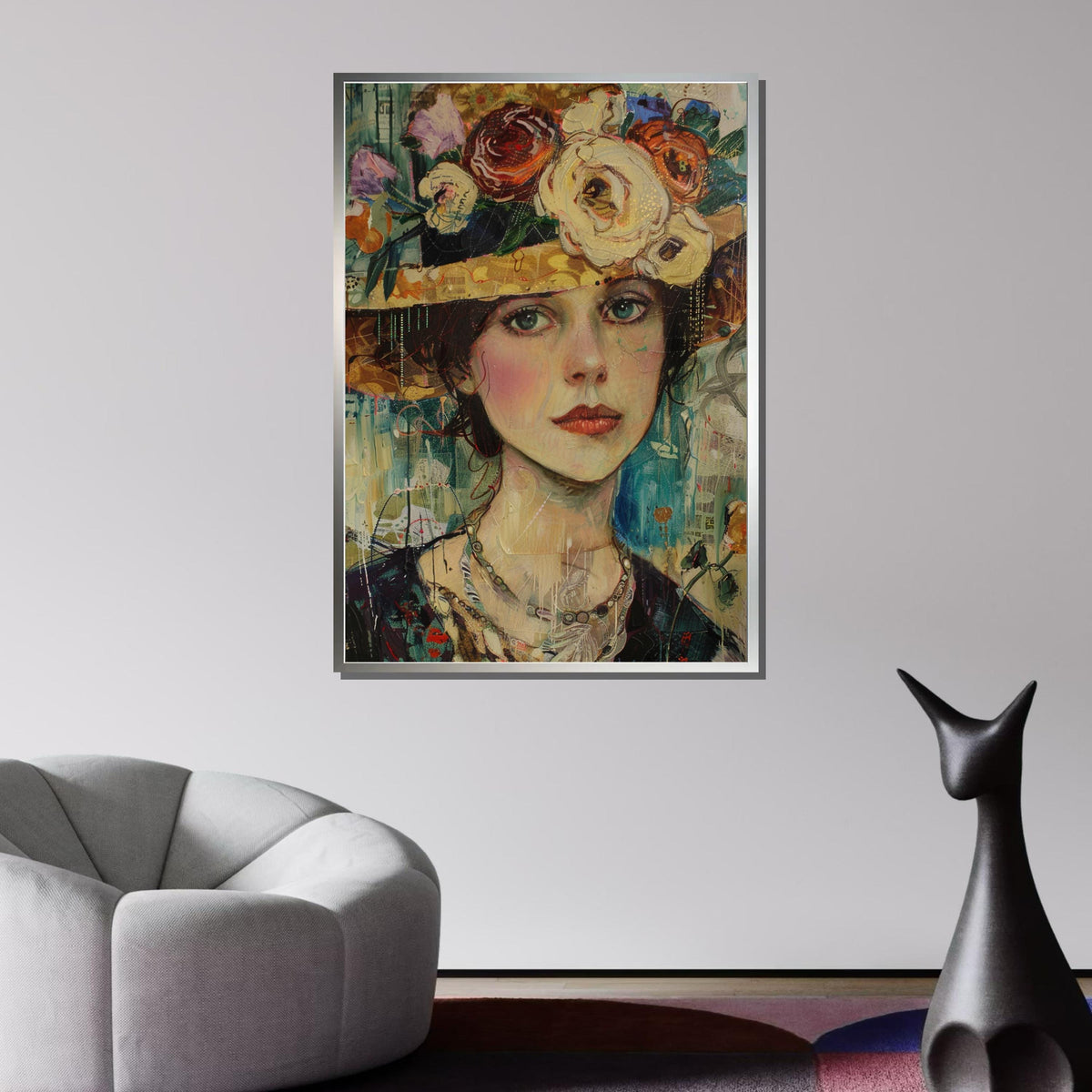 Vintage Floral Hat Portrait Canvas, Romantic Woman Wall Art, Flower Adorned Hat Painting, Feminine Bohemian Decor, Ready to Hang