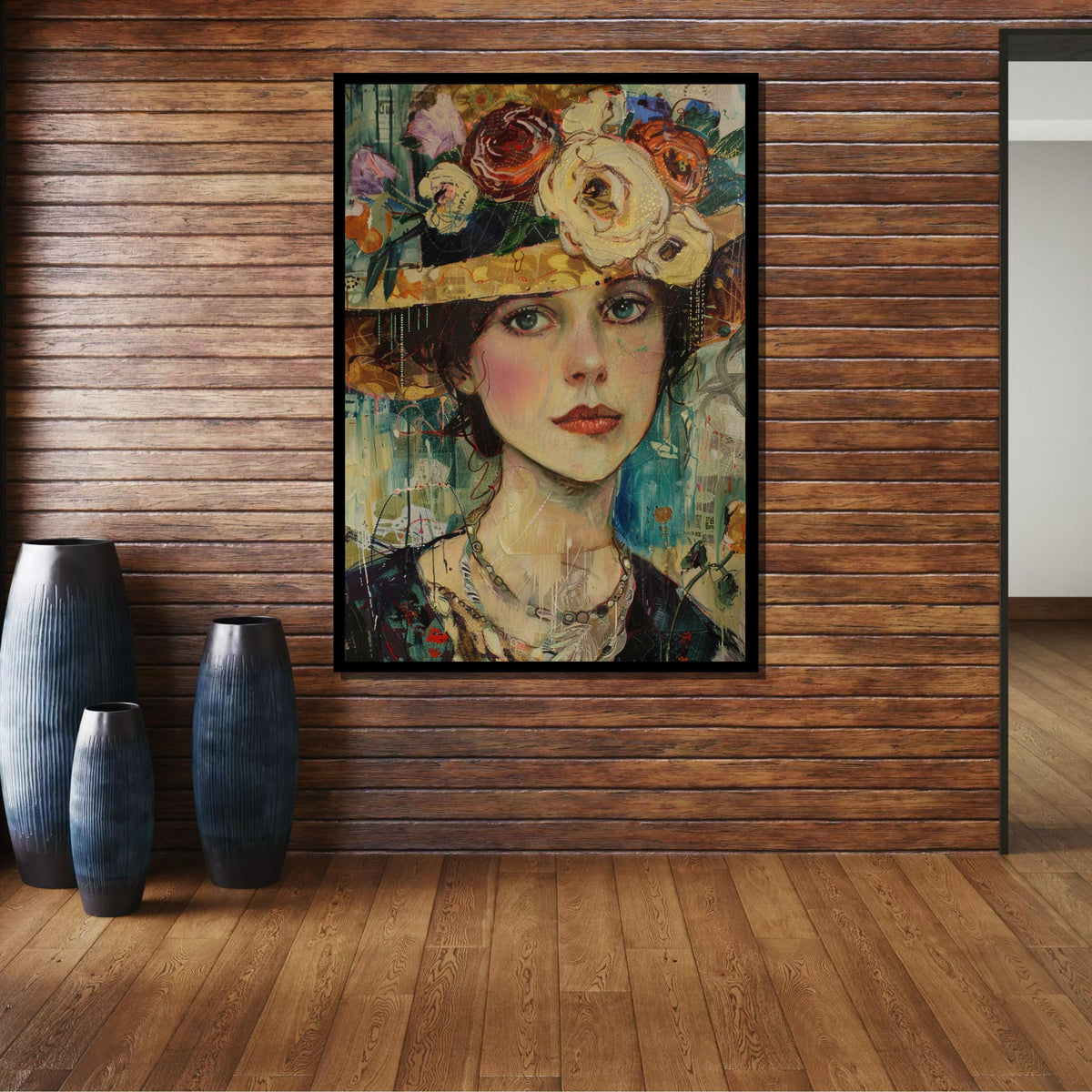 Vintage Floral Hat Portrait Canvas, Romantic Woman Wall Art, Flower Adorned Hat Painting, Feminine Bohemian Decor, Ready to Hang