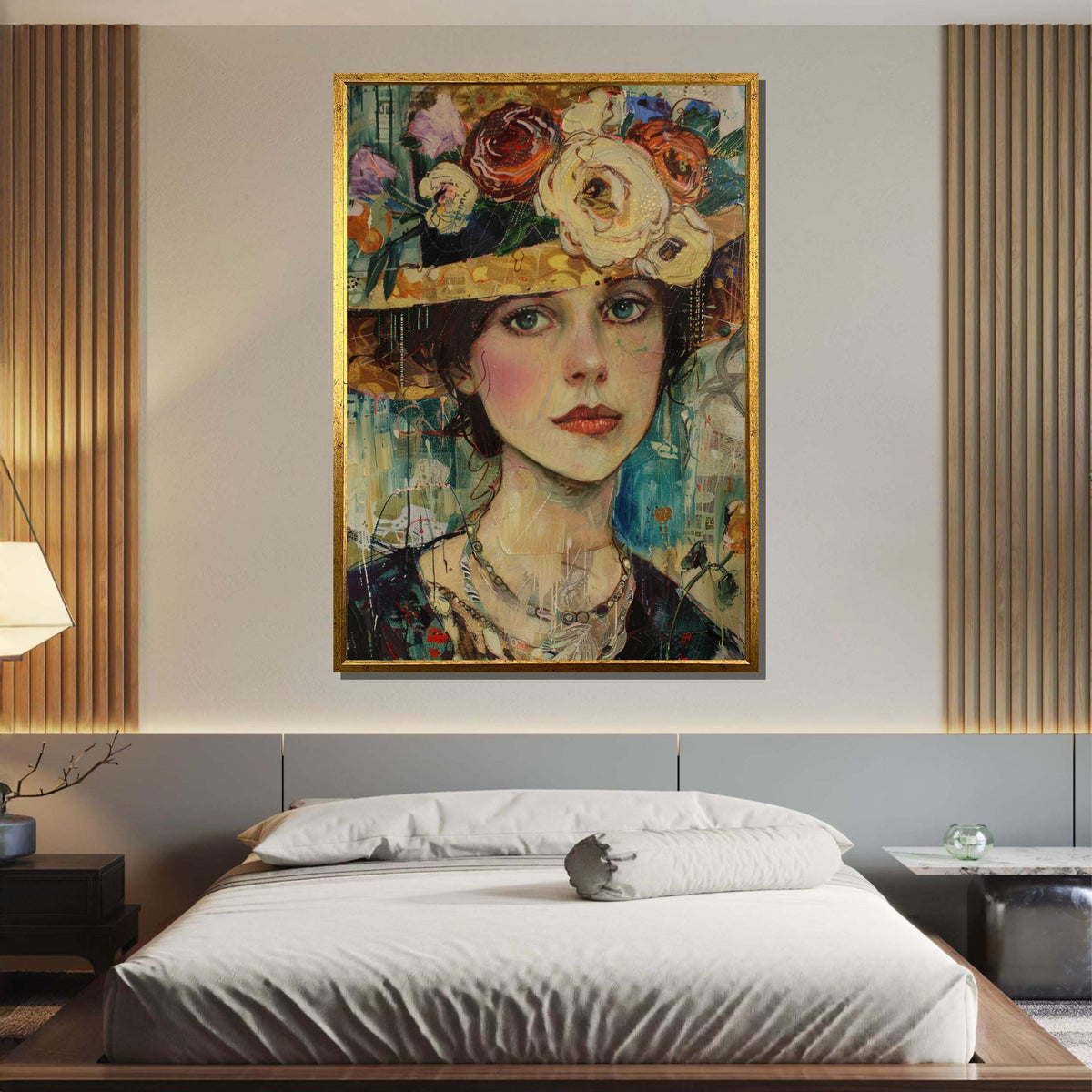 Vintage Floral Hat Portrait Canvas, Romantic Woman Wall Art, Flower Adorned Hat Painting, Feminine Bohemian Decor, Ready to Hang