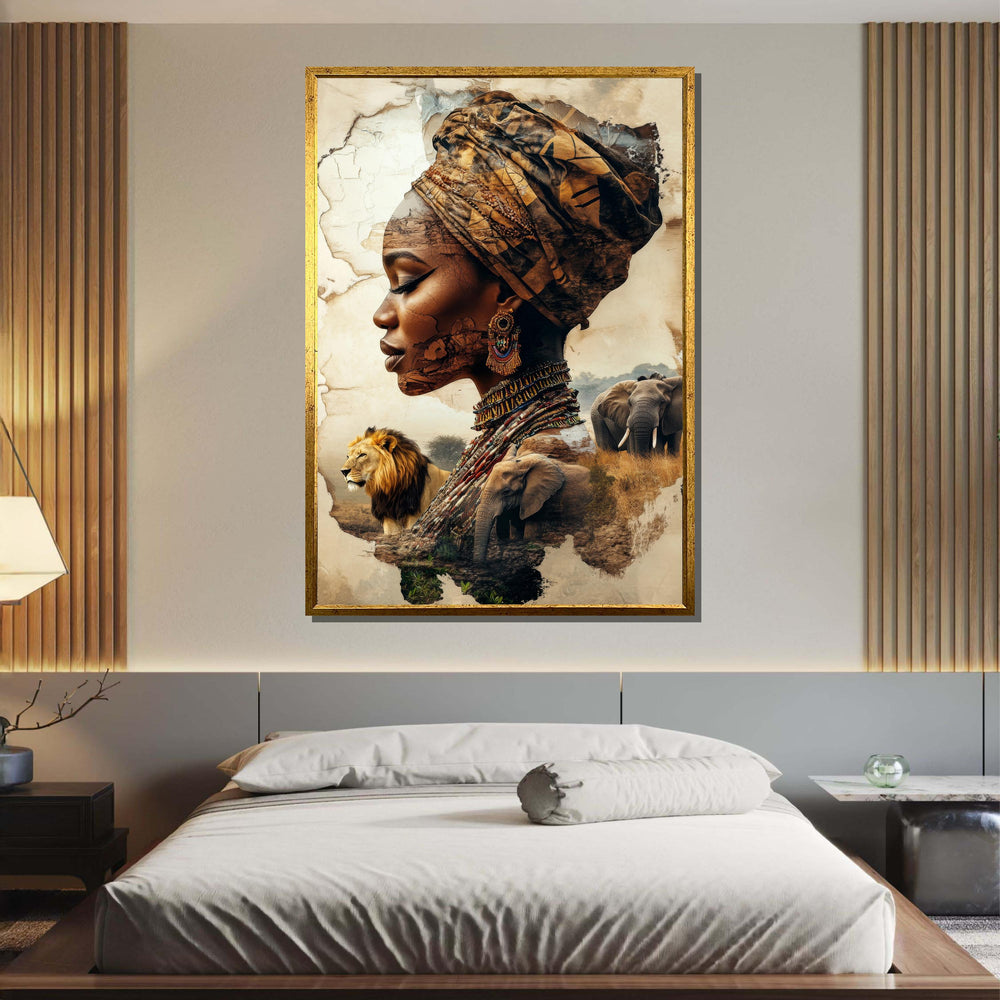 African Heritage Portrait, Tribal Woman with Wildlife, Cultural Collage Art, African Wildlife Canvas, Ethnic Art Wall Decor, Ready to Hang