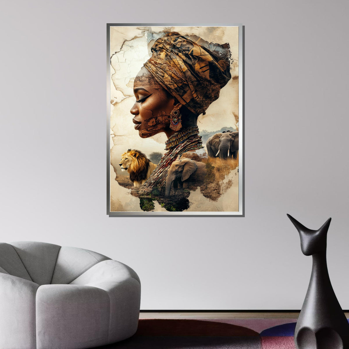 African Heritage Portrait, Tribal Woman with Wildlife, Cultural Collage Art, African Wildlife Canvas, Ethnic Art Wall Decor, Ready to Hang