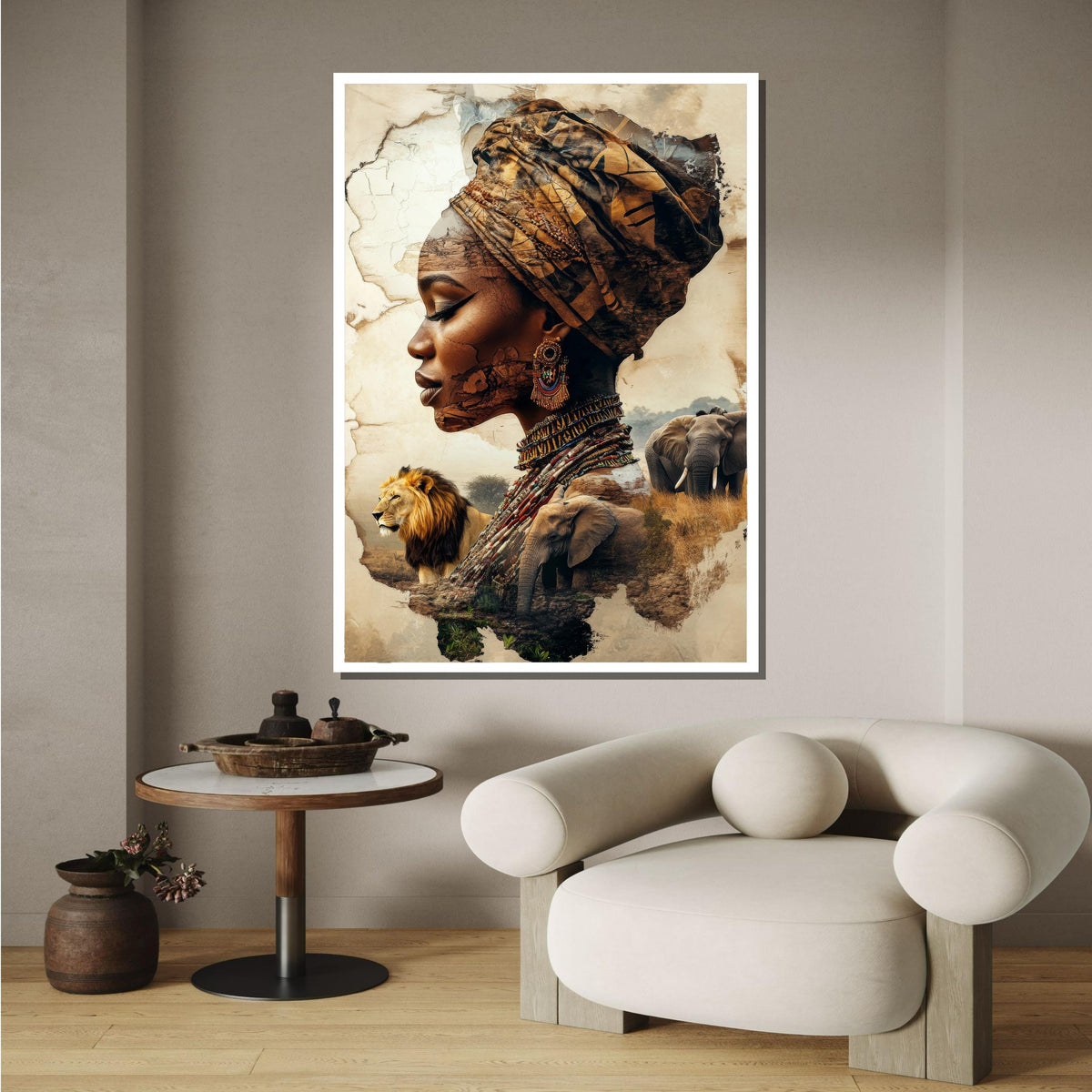 African Heritage Portrait, Tribal Woman with Wildlife, Cultural Collage Art, African Wildlife Canvas, Ethnic Art Wall Decor, Ready to Hang