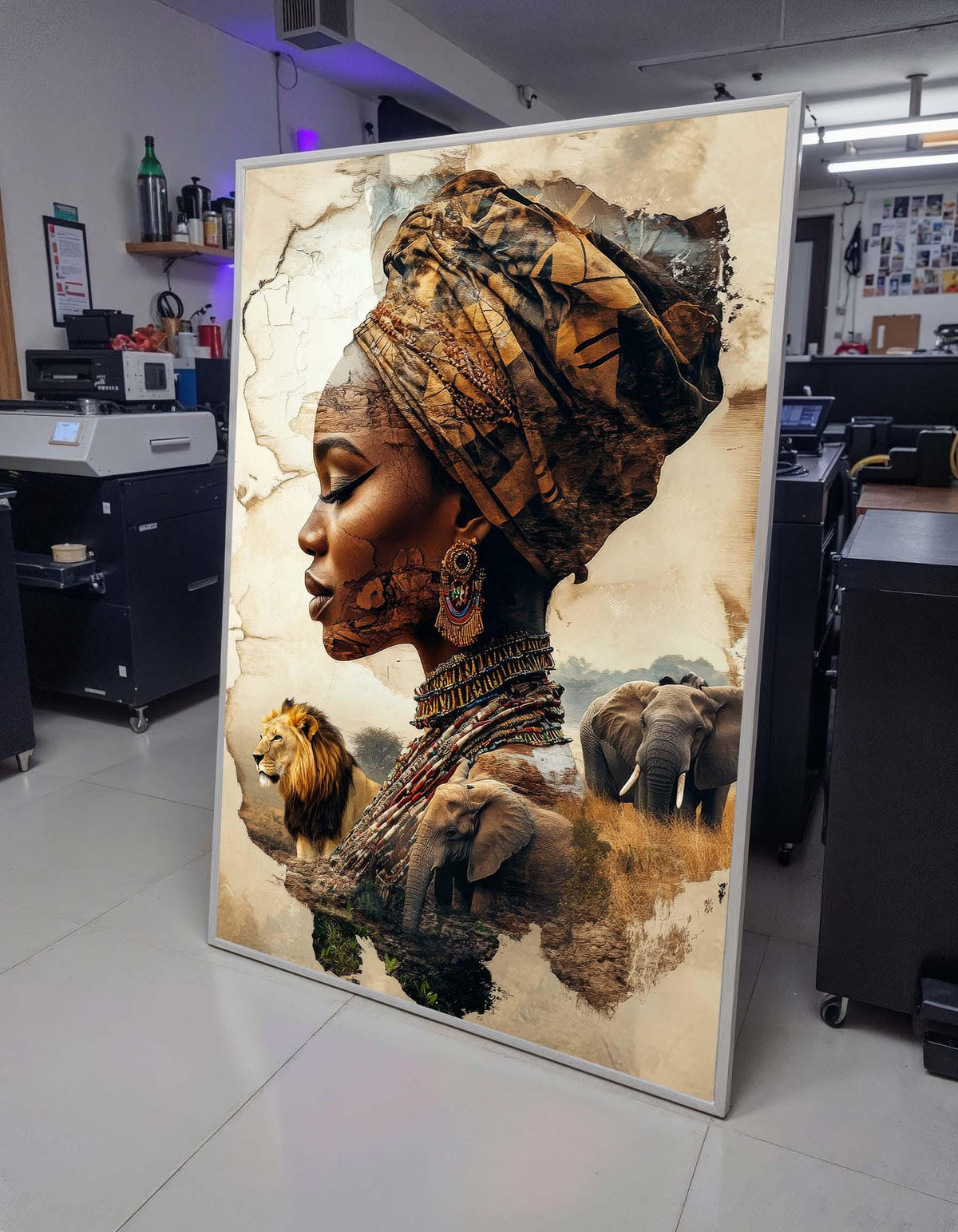 African Heritage Portrait, Tribal Woman with Wildlife, Cultural Collage Art, African Wildlife Canvas, Ethnic Art Wall Decor, Ready to Hang
