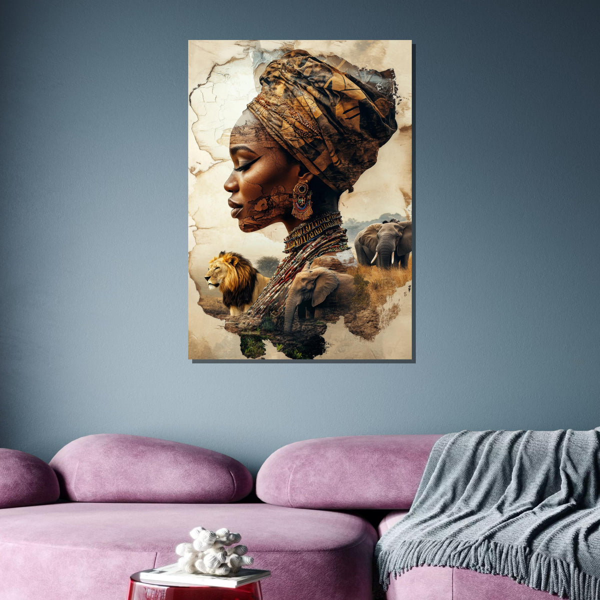 African Heritage Portrait, Tribal Woman with Wildlife, Cultural Collage Art, African Wildlife Canvas, Ethnic Art Wall Decor, Ready to Hang