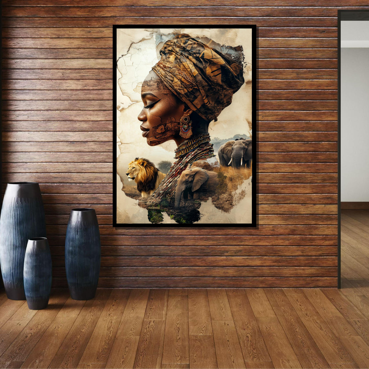 African Heritage Portrait, Tribal Woman with Wildlife, Cultural Collage Art, African Wildlife Canvas, Ethnic Art Wall Decor, Ready to Hang