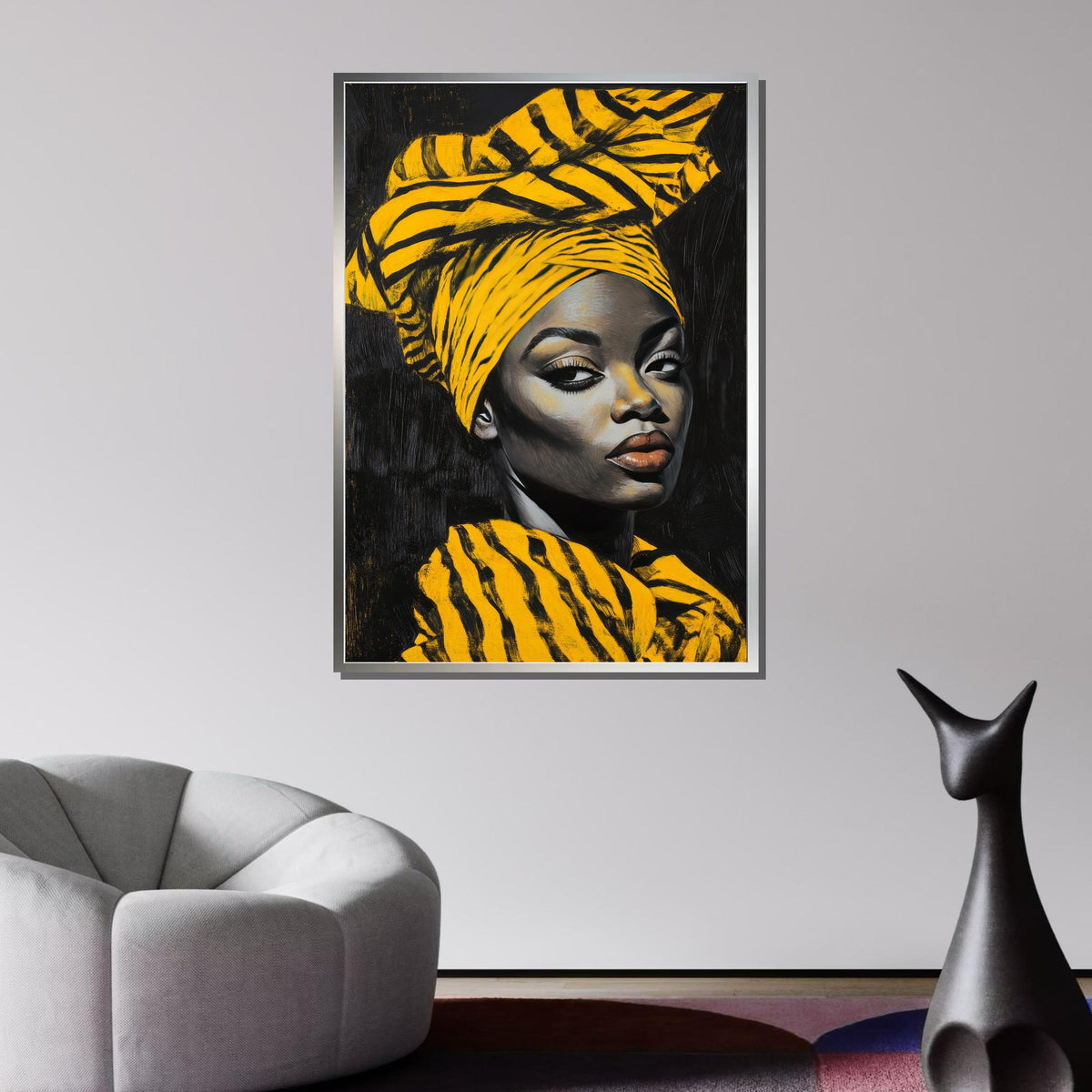 Bold African Woman Portrait, Yellow Turban Art, Modern African Beauty Canvas, Striking Headwrap Wall Art, Ready to Hang Home Decor