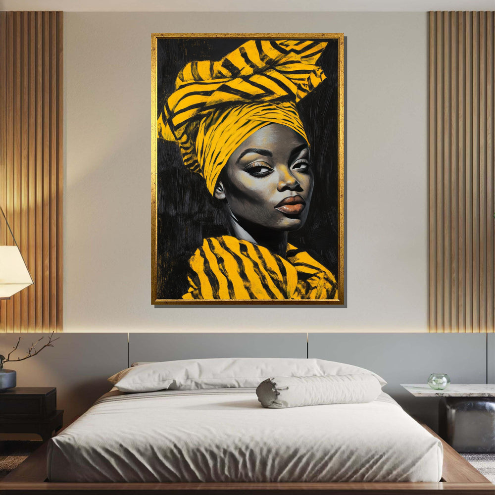 Bold African Woman Portrait, Yellow Turban Art, Modern African Beauty Canvas, Striking Headwrap Wall Art, Ready to Hang Home Decor