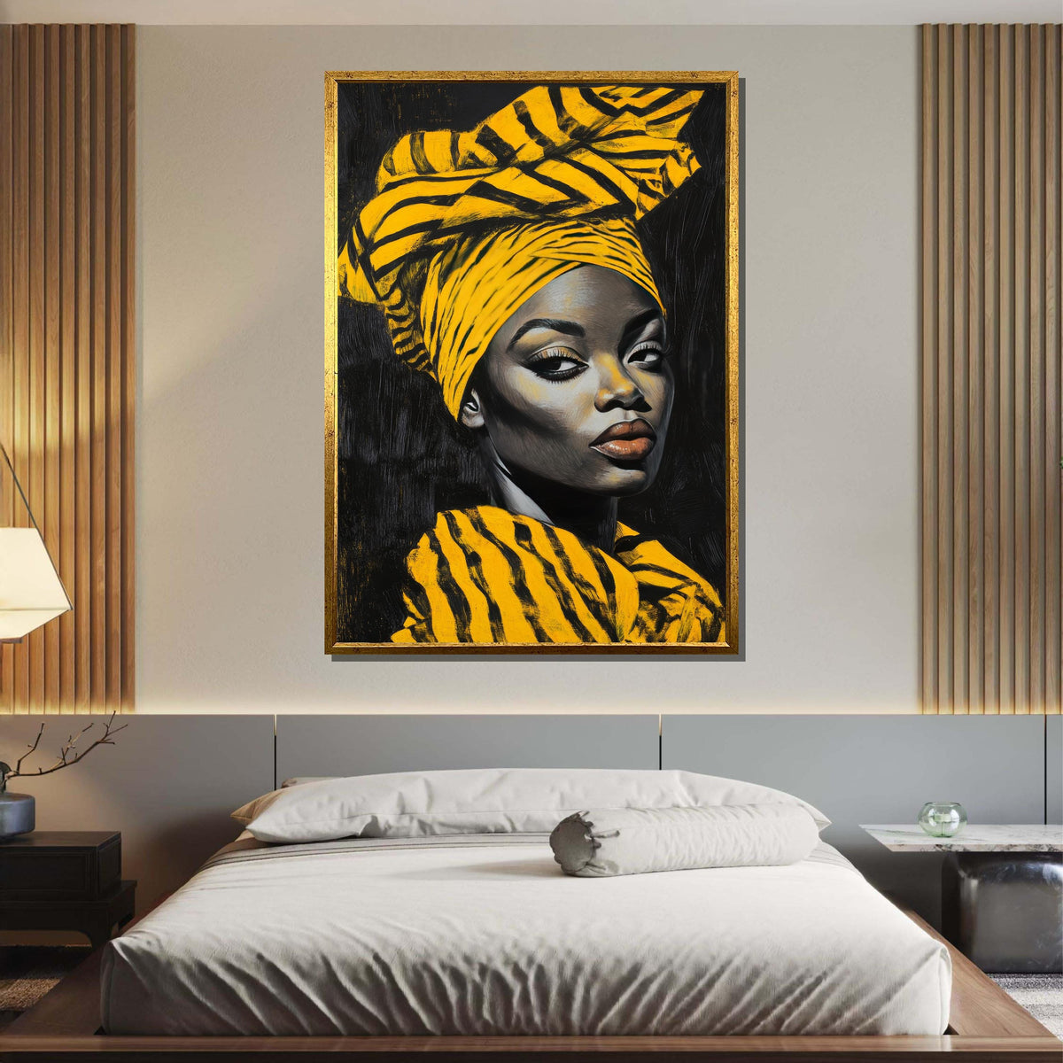 Bold African Woman Portrait, Yellow Turban Art, Modern African Beauty Canvas, Striking Headwrap Wall Art, Ready to Hang Home Decor