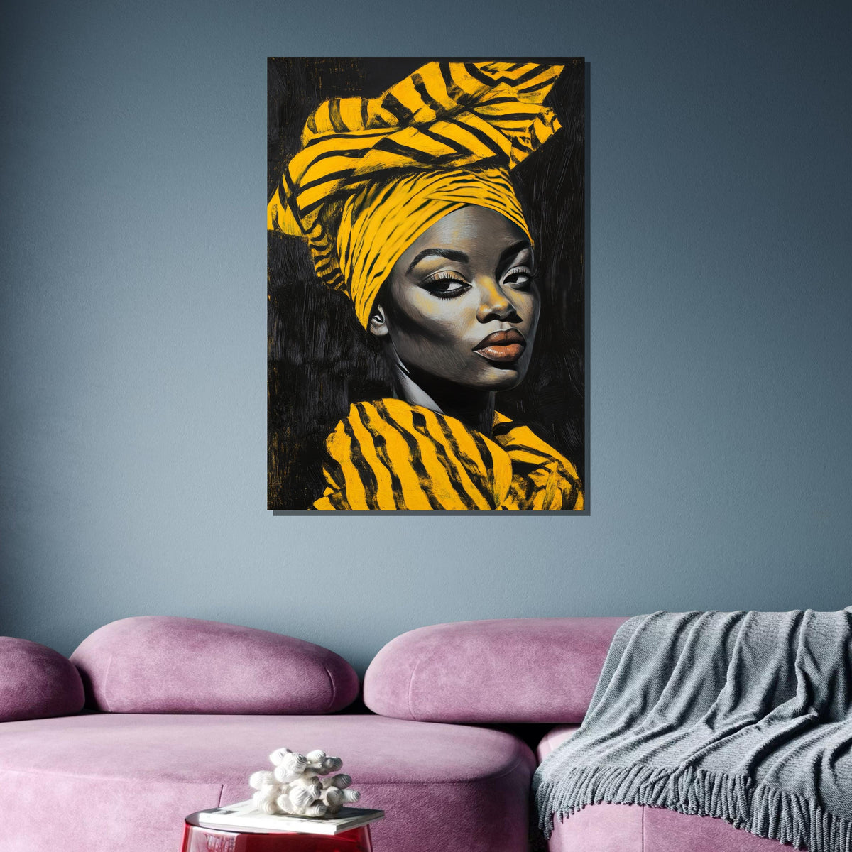 Bold African Woman Portrait, Yellow Turban Art, Modern African Beauty Canvas, Striking Headwrap Wall Art, Ready to Hang Home Decor