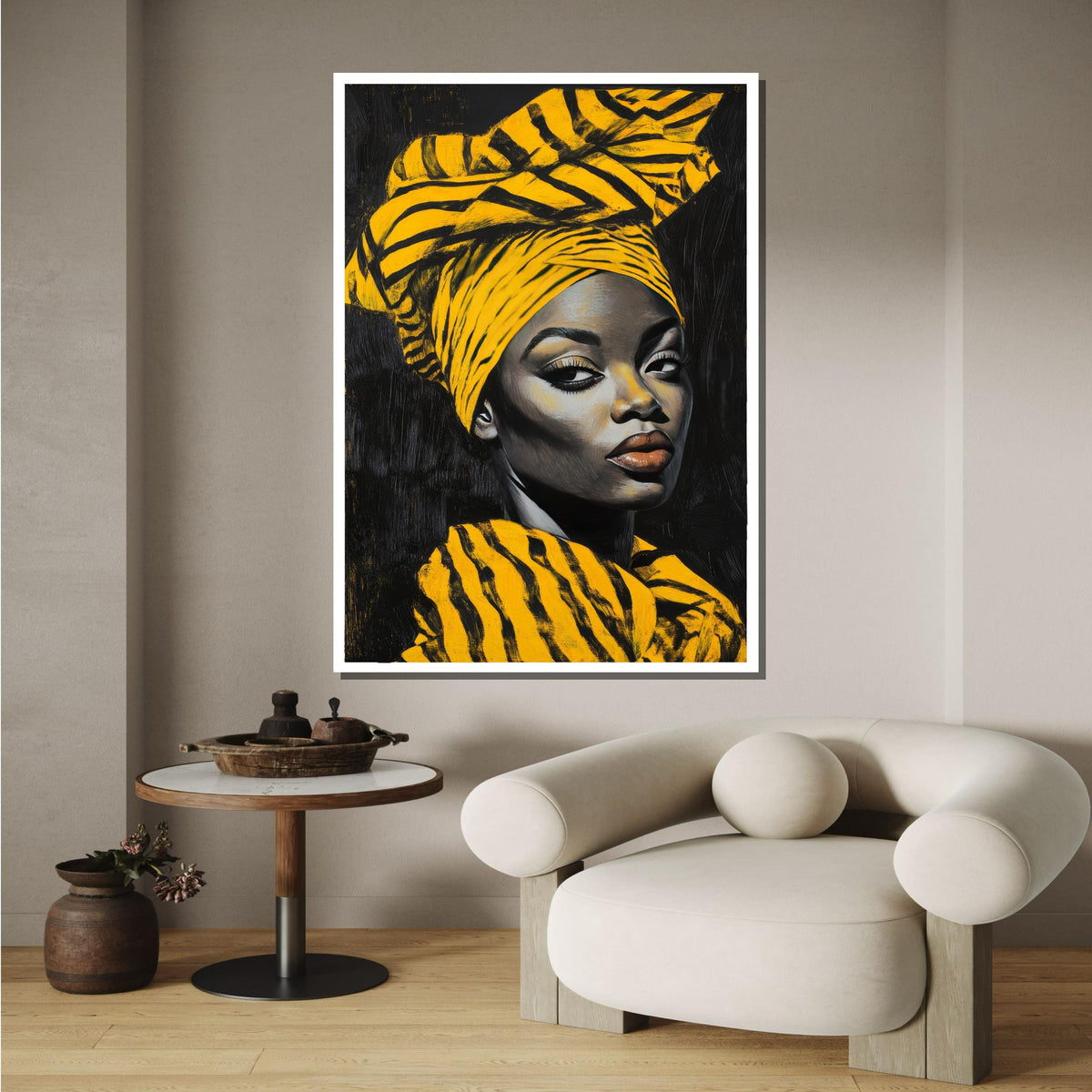 Bold African Woman Portrait, Yellow Turban Art, Modern African Beauty Canvas, Striking Headwrap Wall Art, Ready to Hang Home Decor