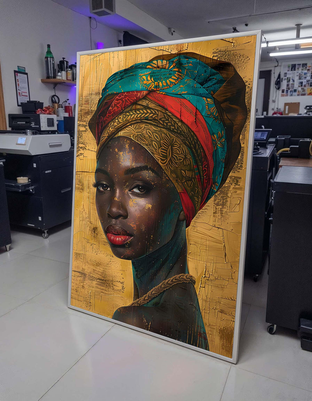 Golden Elegance Portrait, African Beauty Canvas Art, Vibrant Headwrap Wall Art, Ethnic Woman Decor, Ready to Hang