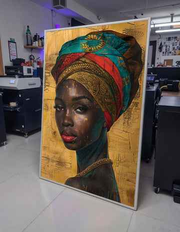 Golden Elegance Portrait, African Beauty Canvas Art, Vibrant Headwrap Wall Art, Ethnic Woman Decor, Ready to Hang