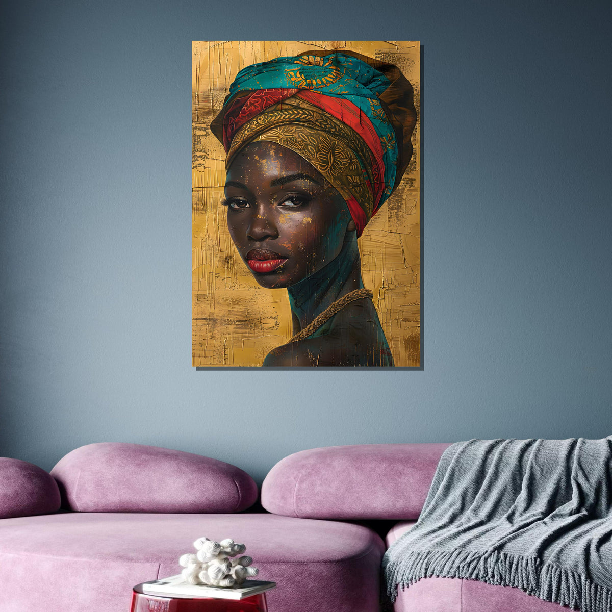 Golden Elegance Portrait, African Beauty Canvas Art, Vibrant Headwrap Wall Art, Ethnic Woman Decor, Ready to Hang
