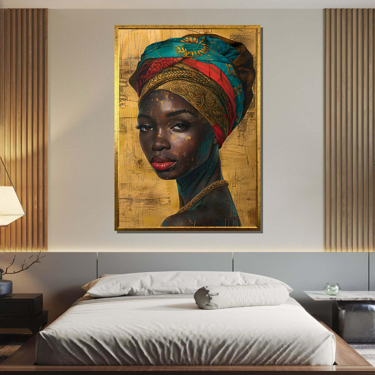 Golden Elegance Portrait, African Beauty Canvas Art, Vibrant Headwrap Wall Art, Ethnic Woman Decor, Ready to Hang