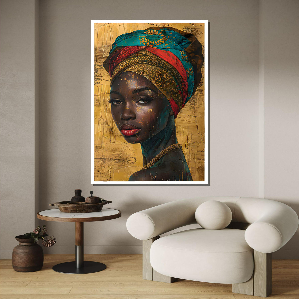 Golden Elegance Portrait, African Beauty Canvas Art, Vibrant Headwrap Wall Art, Ethnic Woman Decor, Ready to Hang