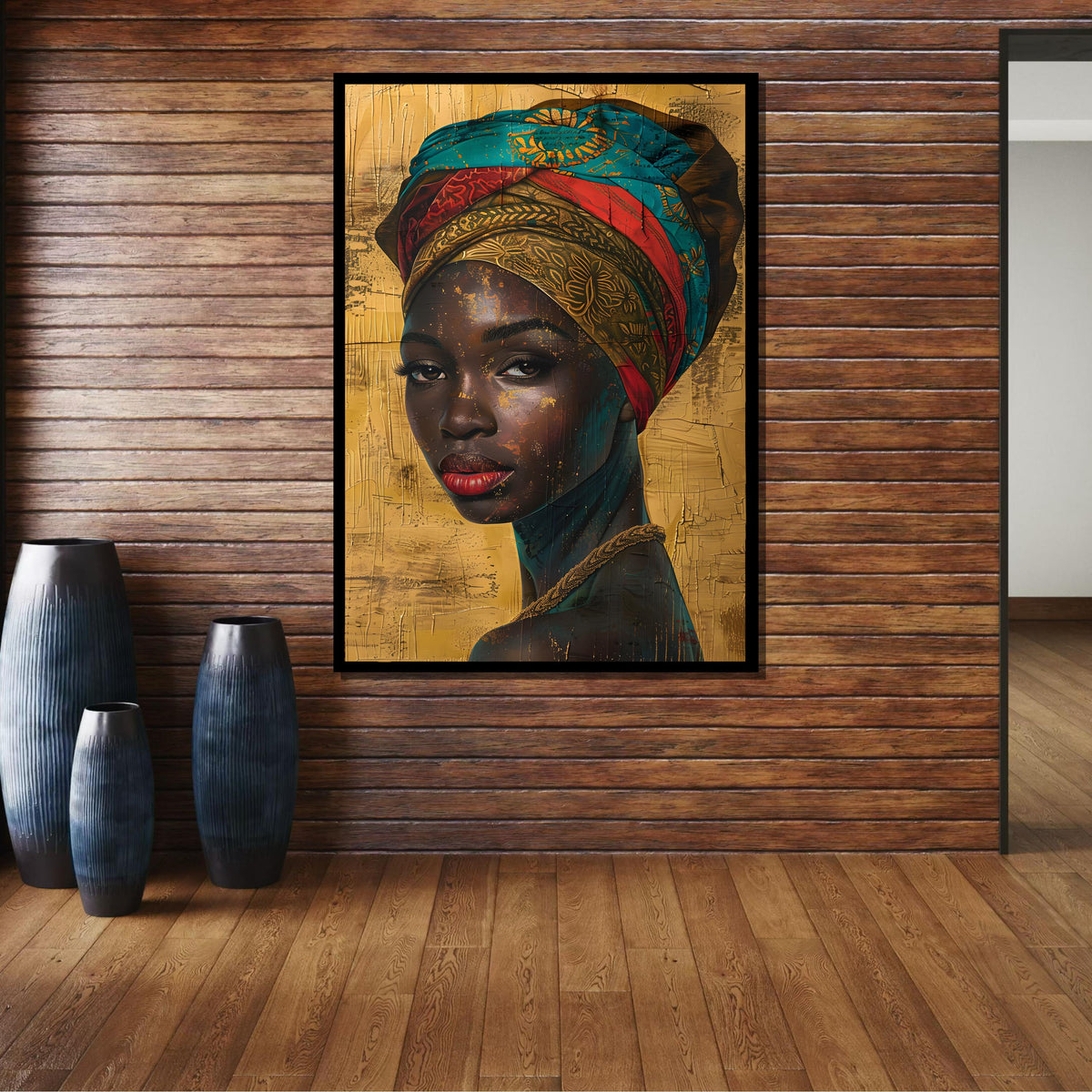 Golden Elegance Portrait, African Beauty Canvas Art, Vibrant Headwrap Wall Art, Ethnic Woman Decor, Ready to Hang