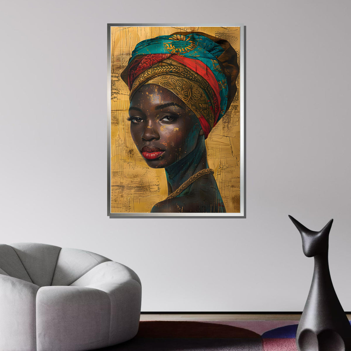 Golden Elegance Portrait, African Beauty Canvas Art, Vibrant Headwrap Wall Art, Ethnic Woman Decor, Ready to Hang