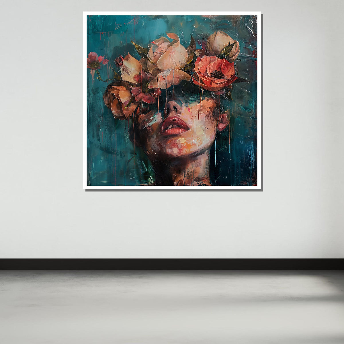 Flower Woman, Dreamy Floral Crown Portrait, Woman Canvas Art, Abstract Face with Flowers, Boho Wall Decor, Ready to Hang Artwork