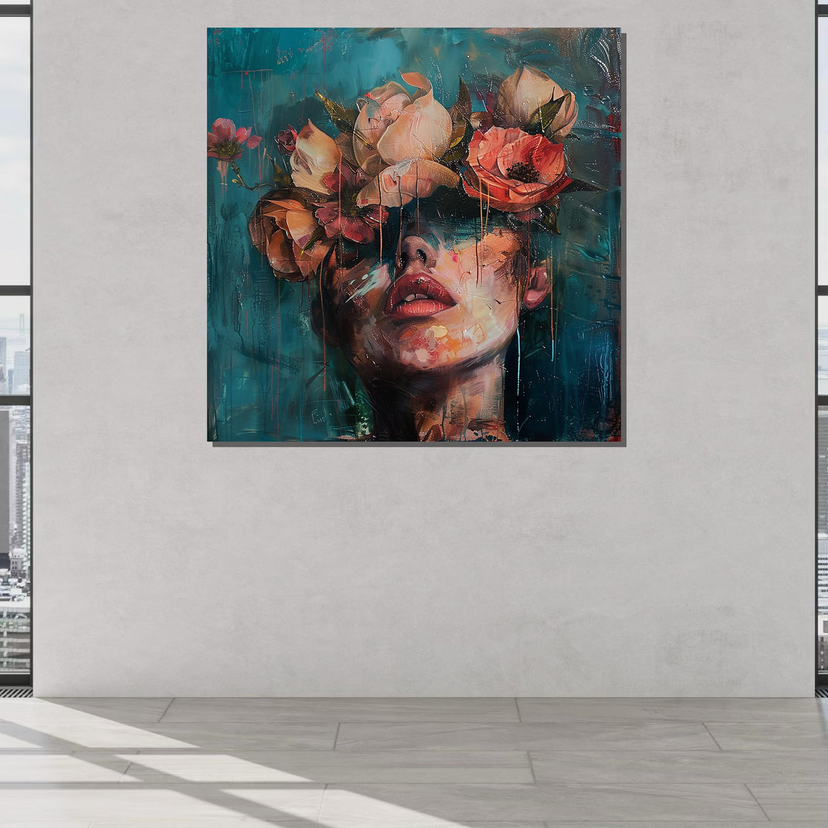 Flower Woman, Dreamy Floral Crown Portrait, Woman Canvas Art, Abstract Face with Flowers, Boho Wall Decor, Ready to Hang Artwork