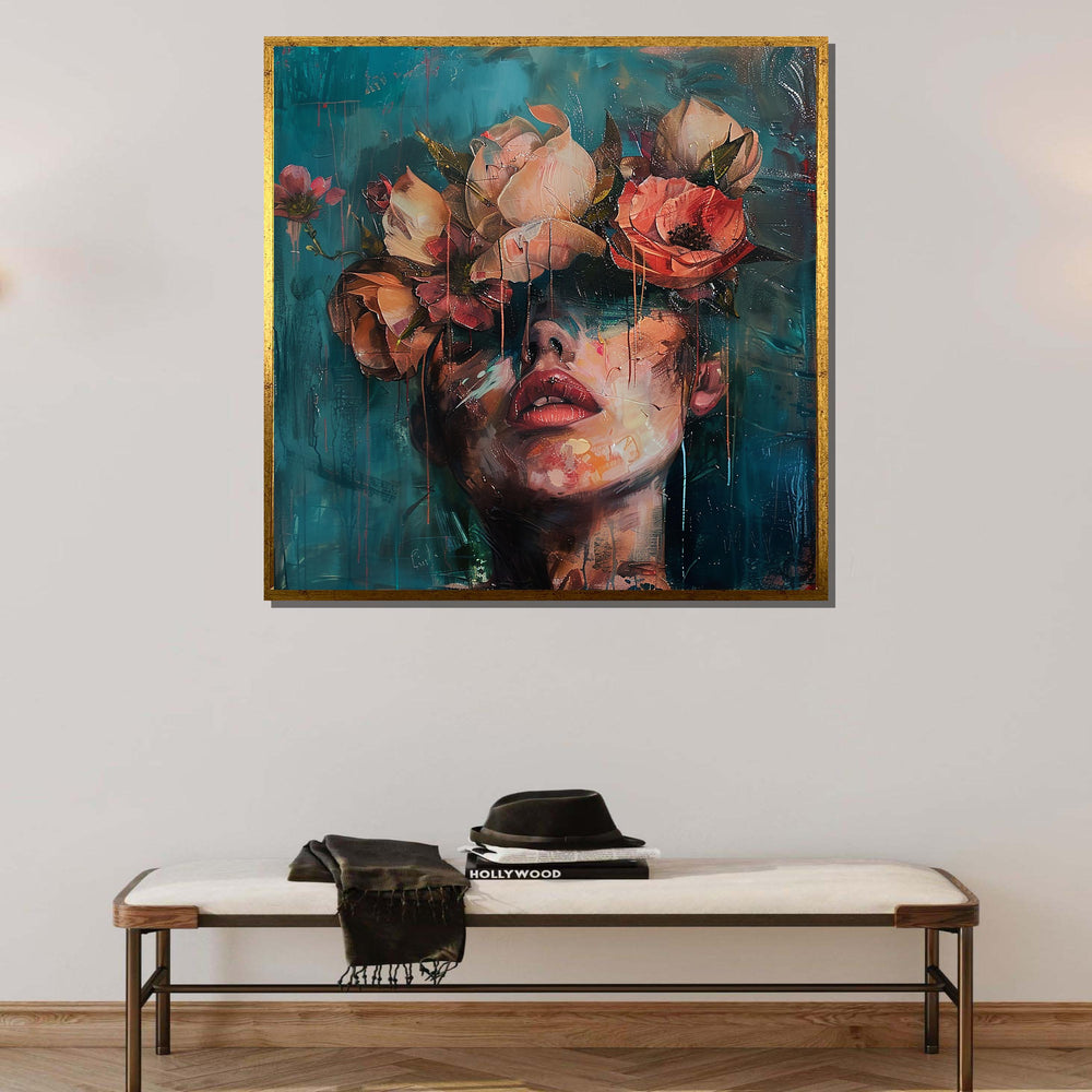 Flower Woman, Dreamy Floral Crown Portrait, Woman Canvas Art, Abstract Face with Flowers, Boho Wall Decor, Ready to Hang Artwork
