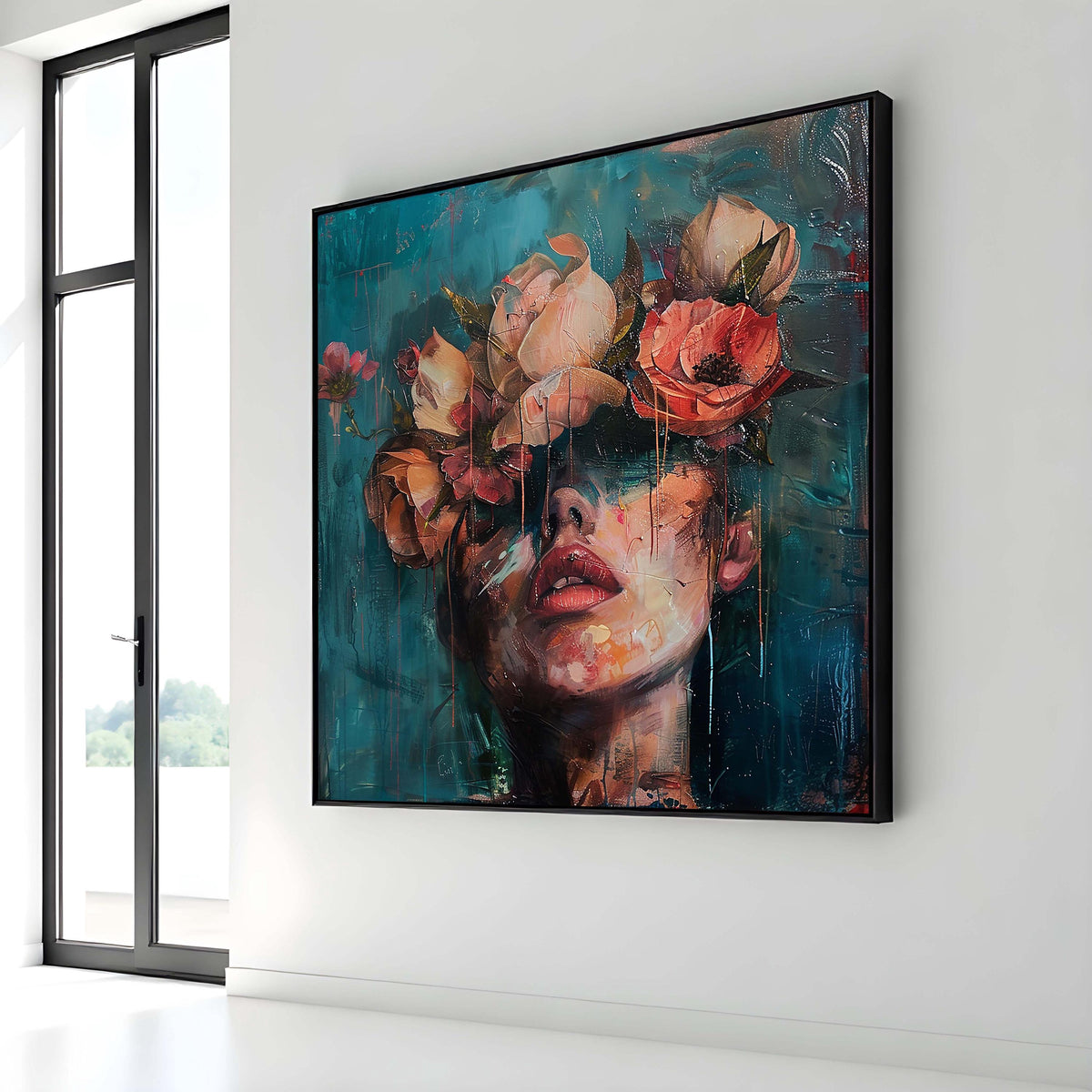 Flower Woman, Dreamy Floral Crown Portrait, Woman Canvas Art, Abstract Face with Flowers, Boho Wall Decor, Ready to Hang Artwork