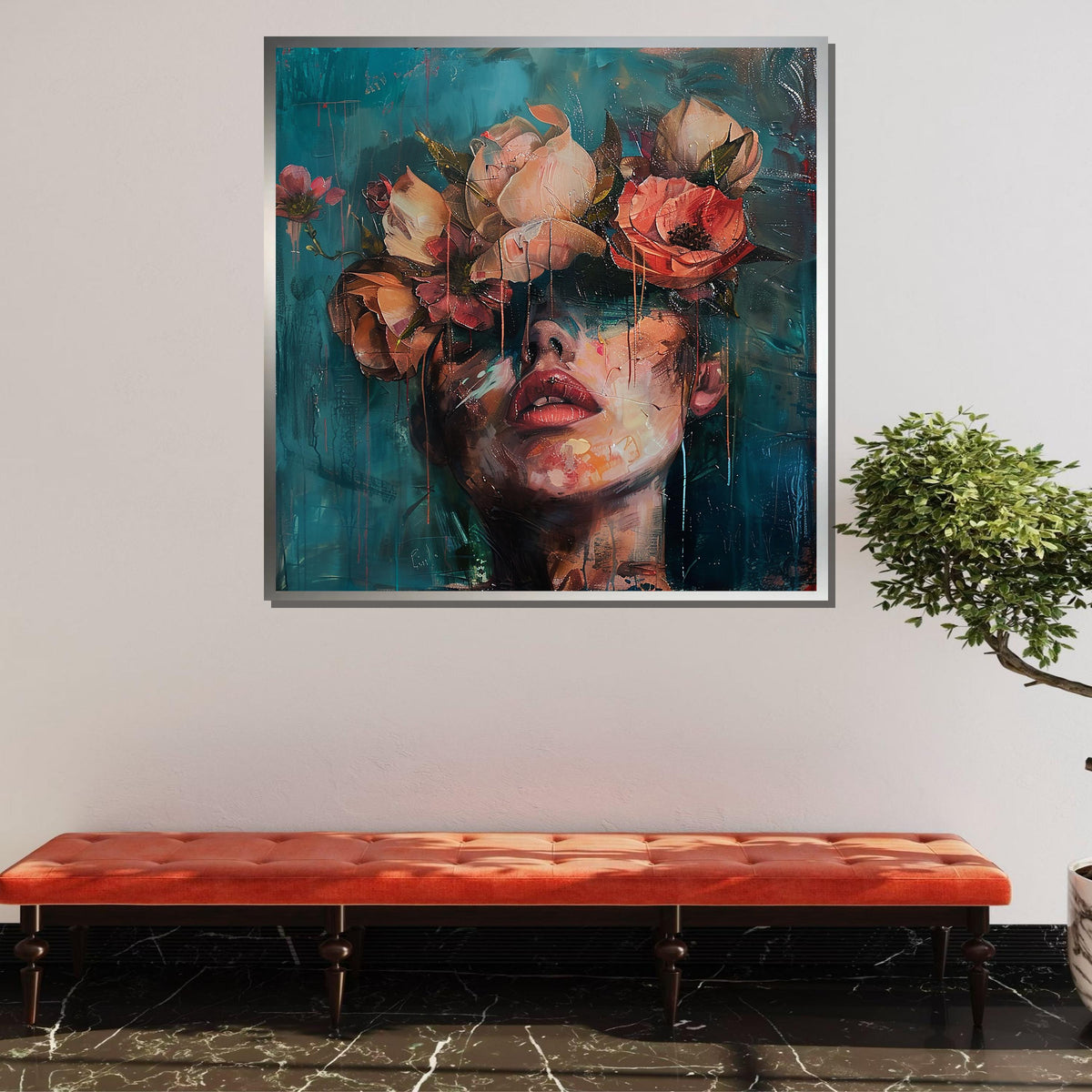 Flower Woman, Dreamy Floral Crown Portrait, Woman Canvas Art, Abstract Face with Flowers, Boho Wall Decor, Ready to Hang Artwork