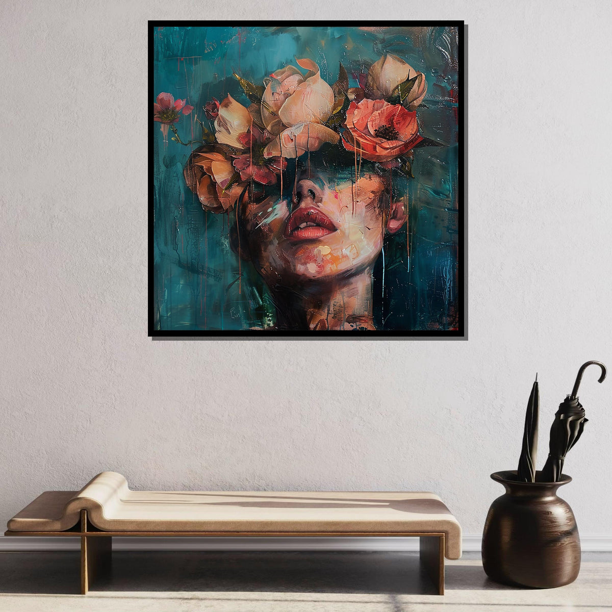 Flower Woman, Dreamy Floral Crown Portrait, Woman Canvas Art, Abstract Face with Flowers, Boho Wall Decor, Ready to Hang Artwork