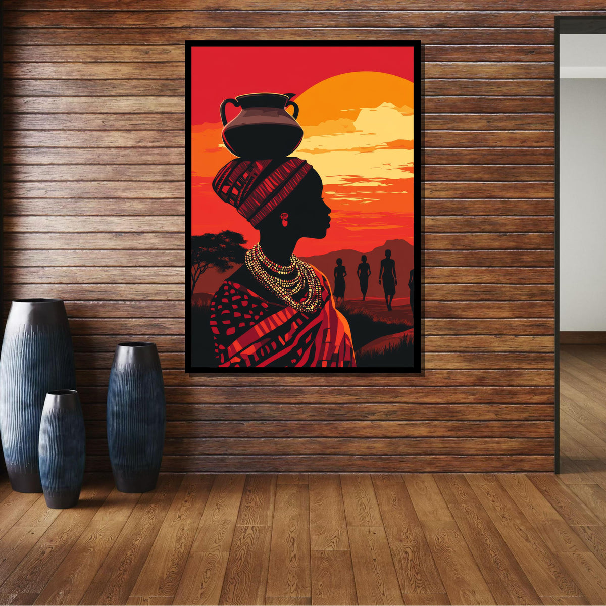 African Sunset Silhouette Art, Tribal Woman Canvas, Ethnic Wall Art, Sunset Portrait Print, Cultural Decor, Afro Woman Art, Ready to Hang