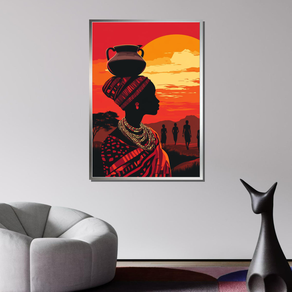 African Sunset Silhouette Art, Tribal Woman Canvas, Ethnic Wall Art, Sunset Portrait Print, Cultural Decor, Afro Woman Art, Ready to Hang