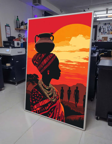 African Sunset Silhouette Art, Tribal Woman Canvas, Ethnic Wall Art, Sunset Portrait Print, Cultural Decor, Afro Woman Art, Ready to Hang