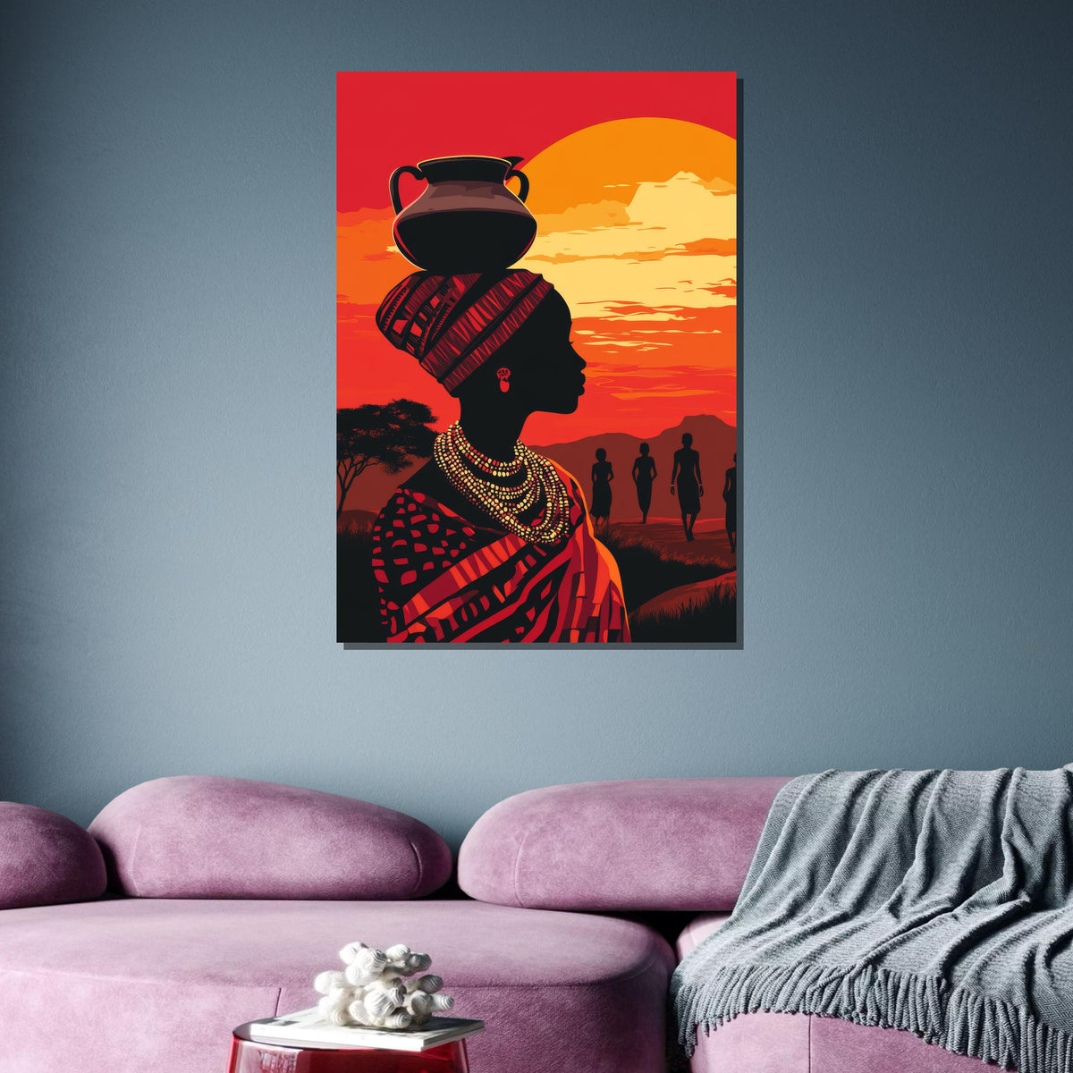 African Sunset Silhouette Art, Tribal Woman Canvas, Ethnic Wall Art, Sunset Portrait Print, Cultural Decor, Afro Woman Art, Ready to Hang