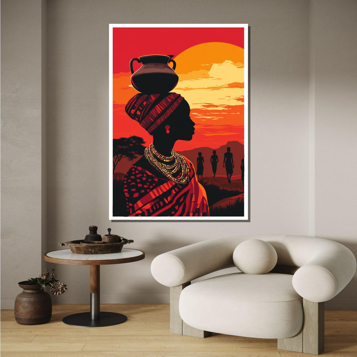 African Sunset Silhouette Art, Tribal Woman Canvas, Ethnic Wall Art, Sunset Portrait Print, Cultural Decor, Afro Woman Art, Ready to Hang