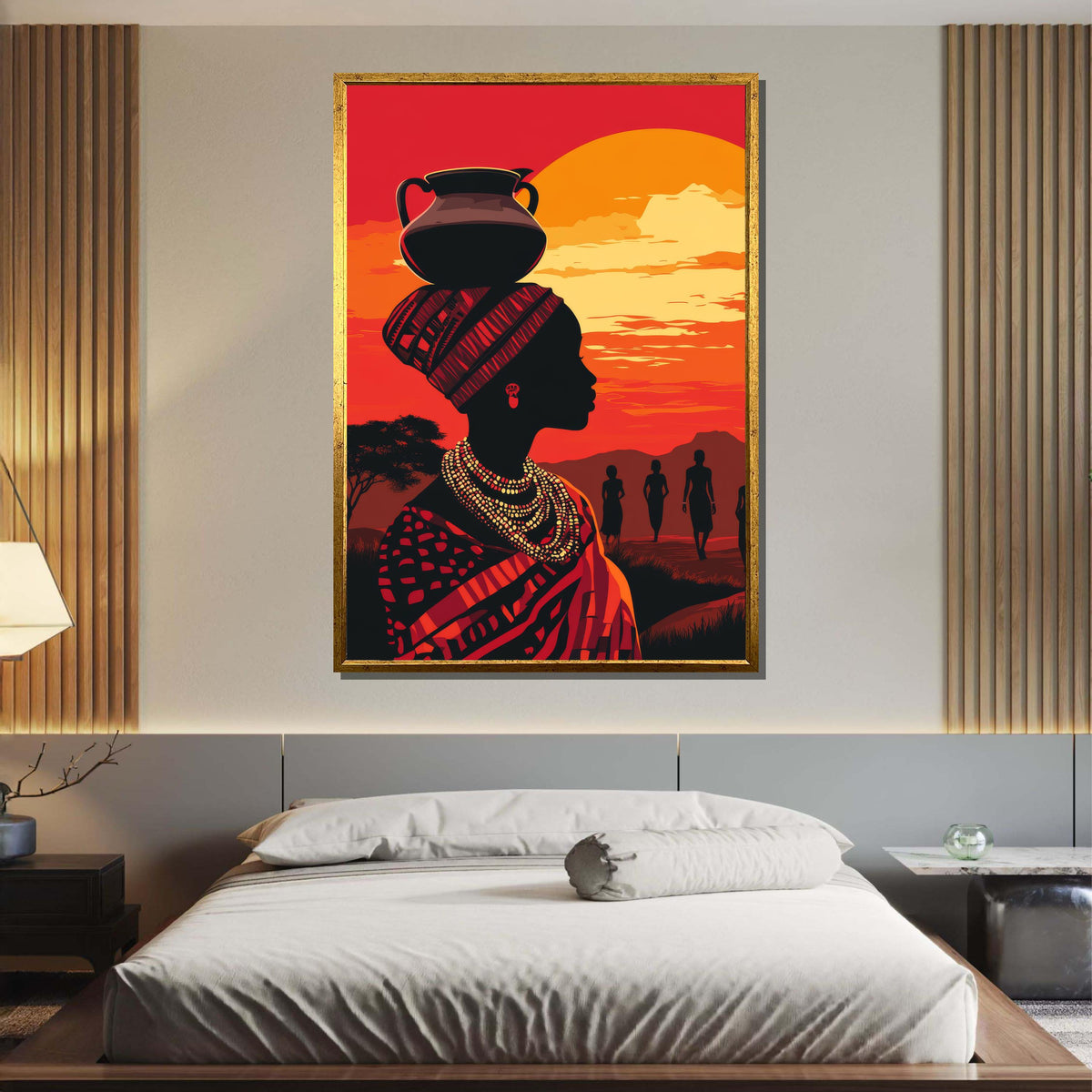 African Sunset Silhouette Art, Tribal Woman Canvas, Ethnic Wall Art, Sunset Portrait Print, Cultural Decor, Afro Woman Art, Ready to Hang
