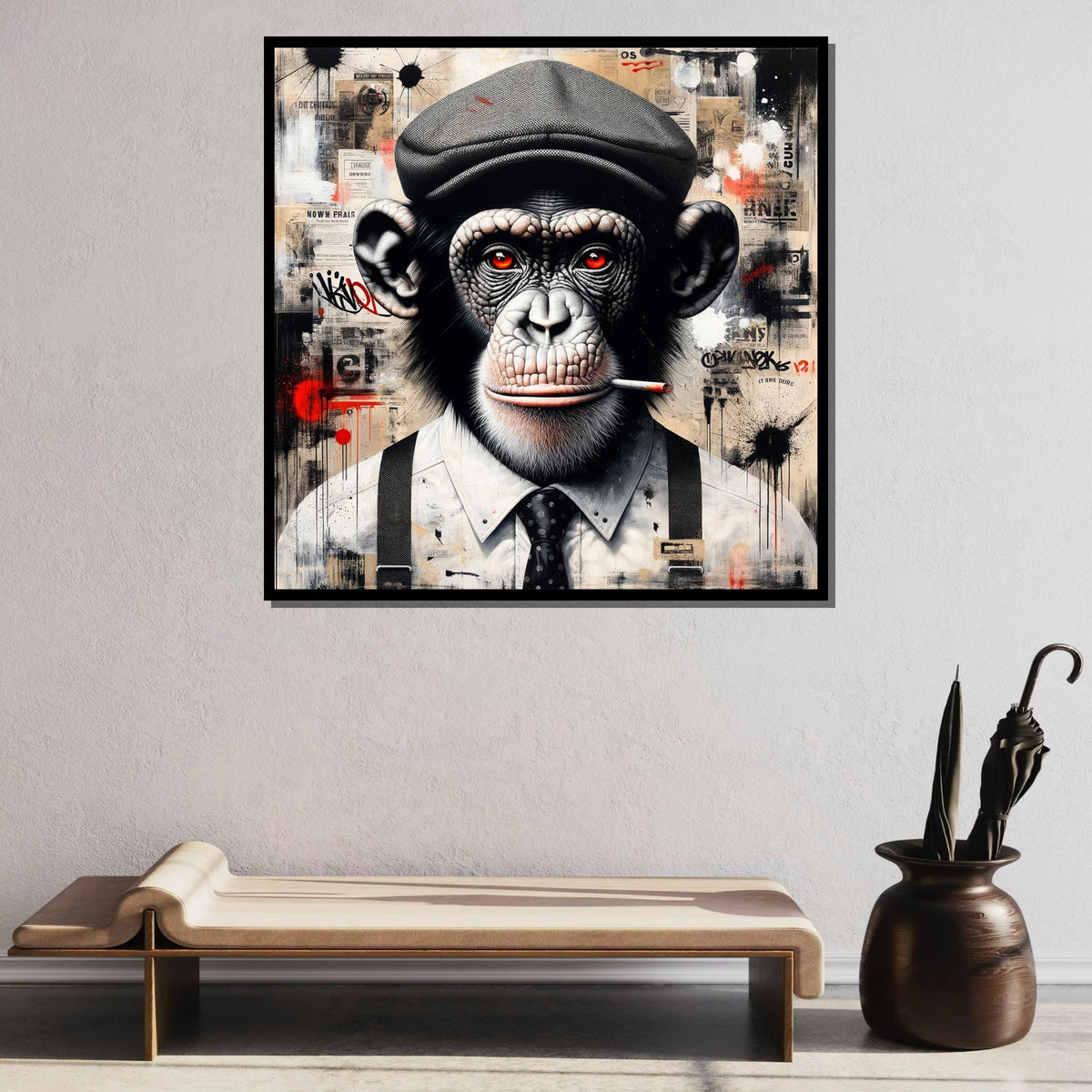 Street Art Monkey Canvas, Smoking Chimp Art Print, Urban Graffiti Animal Decor, Cool Ape Wall Art, Modern Pop Art Canvas, Ready to Hang