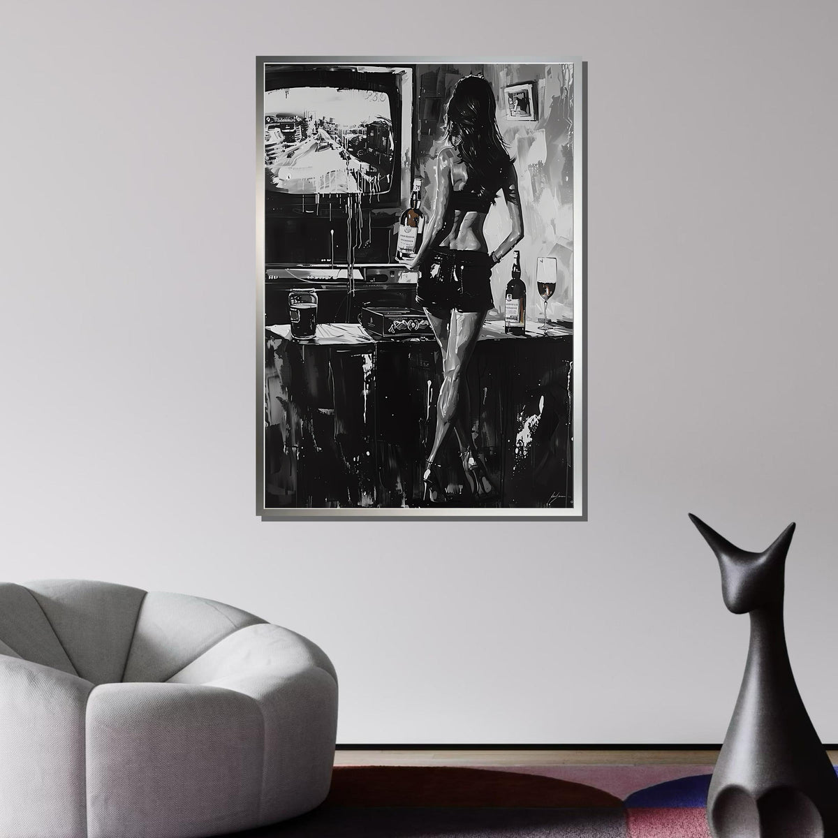 Monochrome Seduction Canvas, Sexy Black and White Art, Woman Holding Whiskey, Edgy Noir Wall Art, Urban Lounge Decor, Ready to Hang