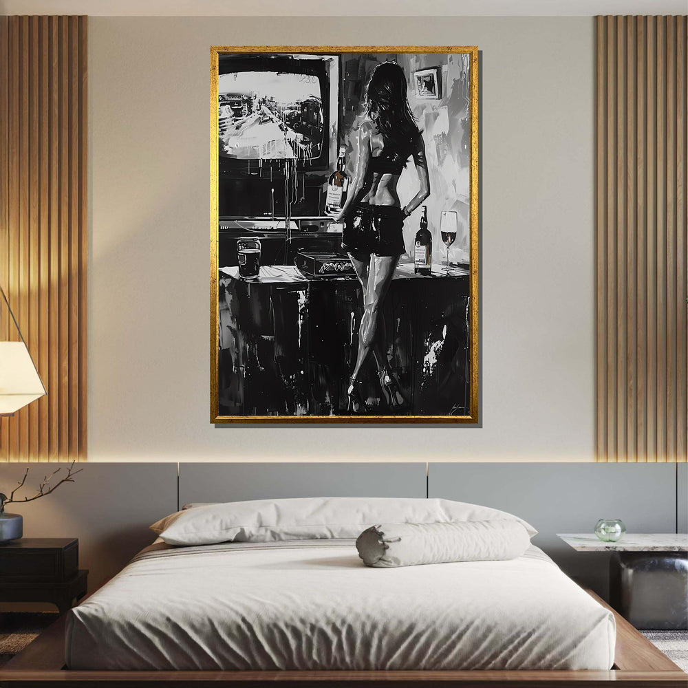 Monochrome Seduction Canvas, Sexy Black and White Art, Woman Holding Whiskey, Edgy Noir Wall Art, Urban Lounge Decor, Ready to Hang