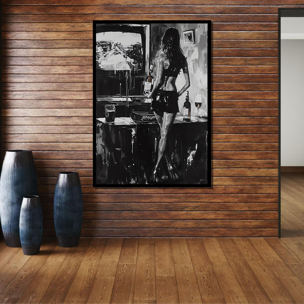 Monochrome Seduction Canvas, Sexy Black and White Art, Woman Holding Whiskey, Edgy Noir Wall Art, Urban Lounge Decor, Ready to Hang