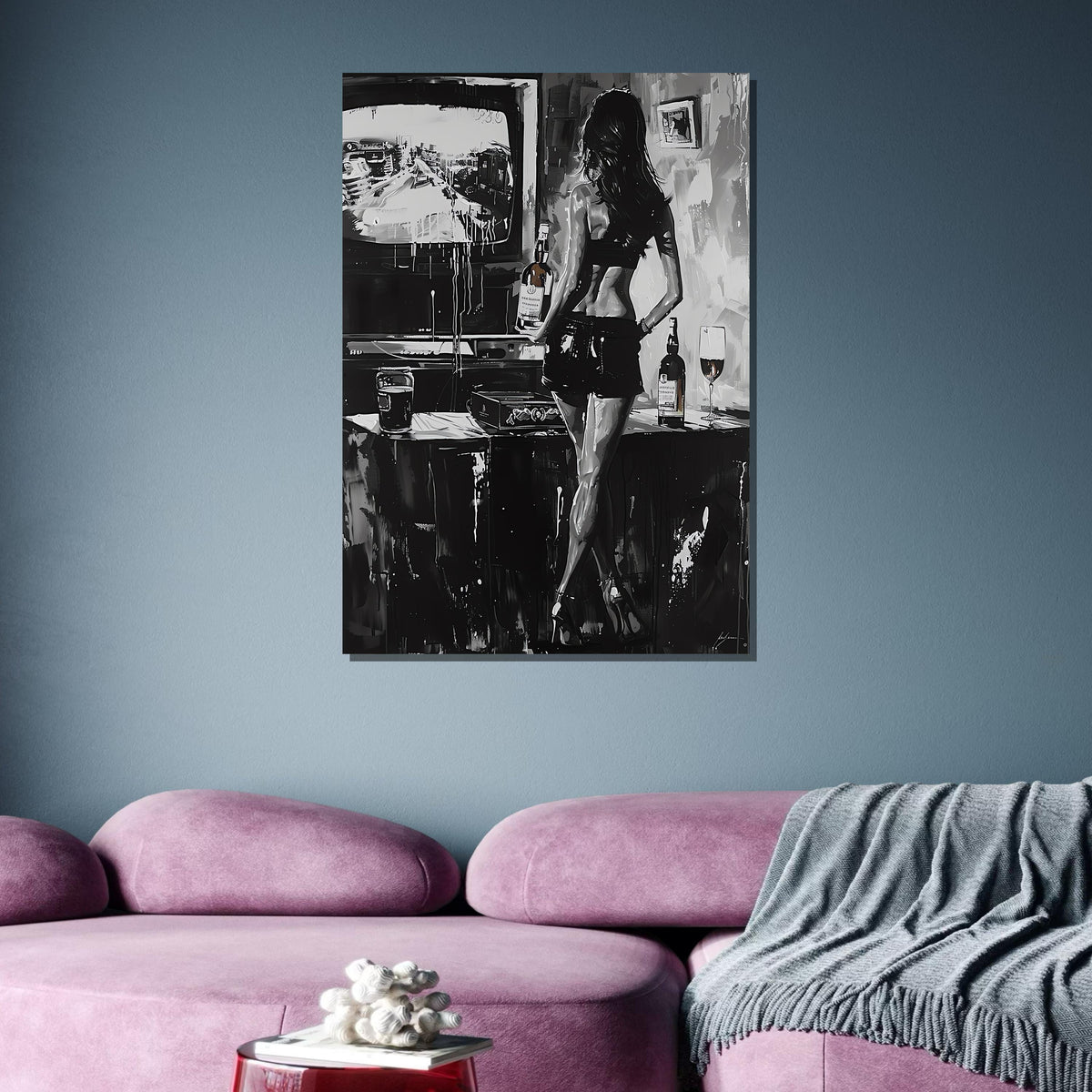 Monochrome Seduction Canvas, Sexy Black and White Art, Woman Holding Whiskey, Edgy Noir Wall Art, Urban Lounge Decor, Ready to Hang