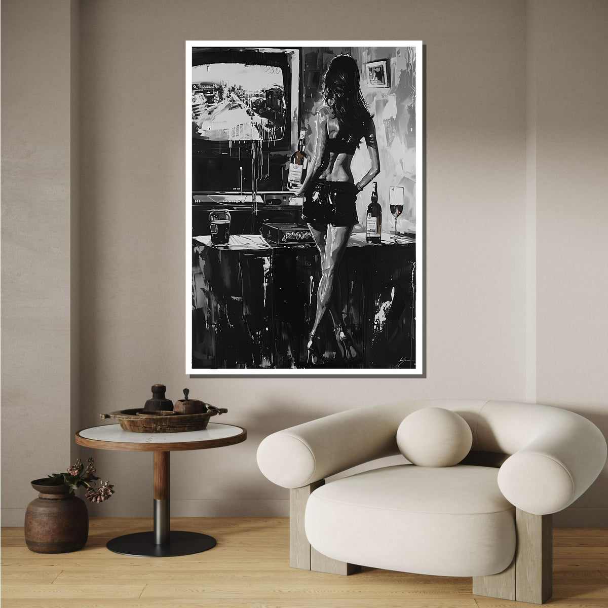 Monochrome Seduction Canvas, Sexy Black and White Art, Woman Holding Whiskey, Edgy Noir Wall Art, Urban Lounge Decor, Ready to Hang