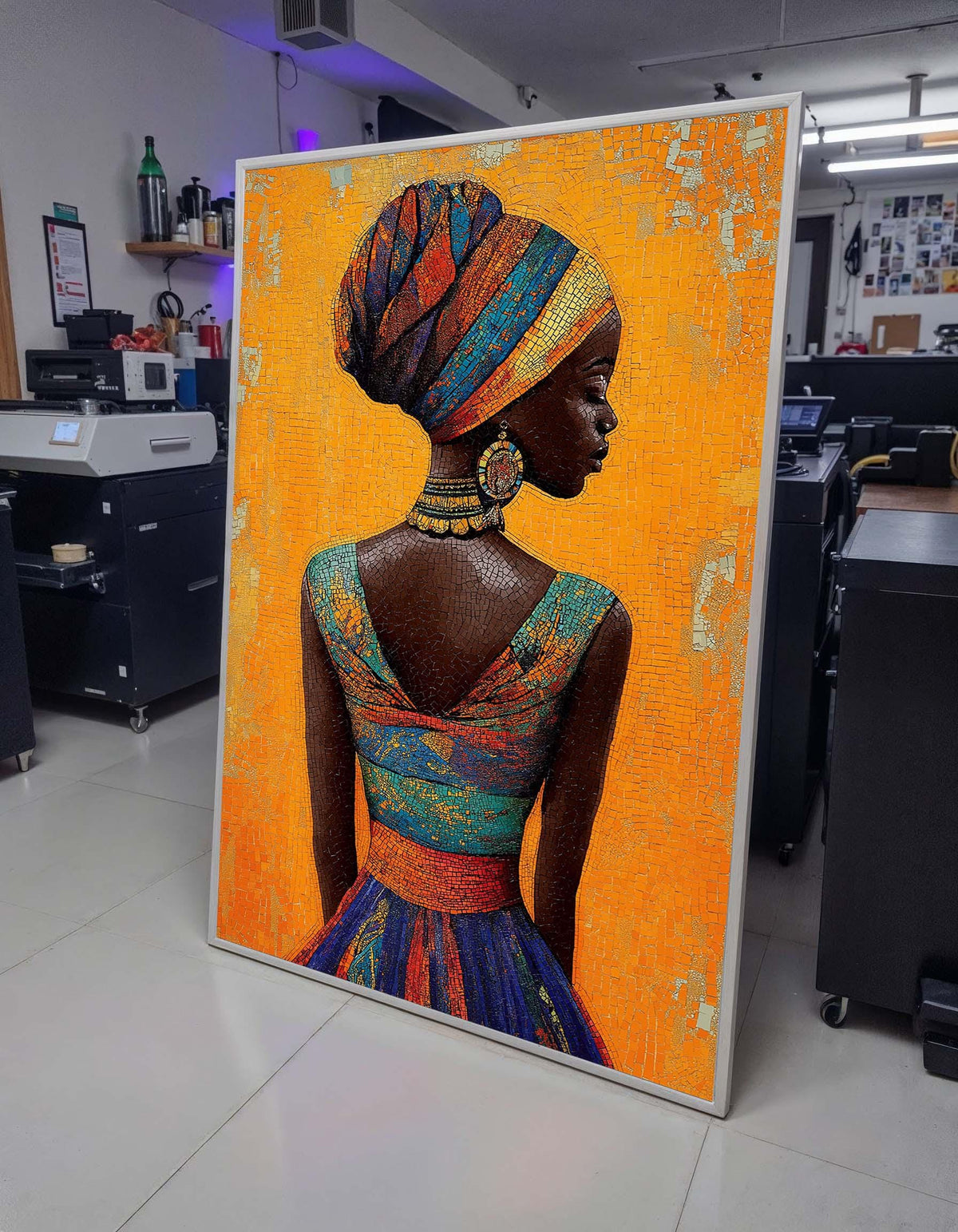 Elegant African Woman Canvas, Mosaic Portrait Art, Vibrant Headwrap Wall Art, African Dress Decor, Bold Orange Background, Ready to Hang