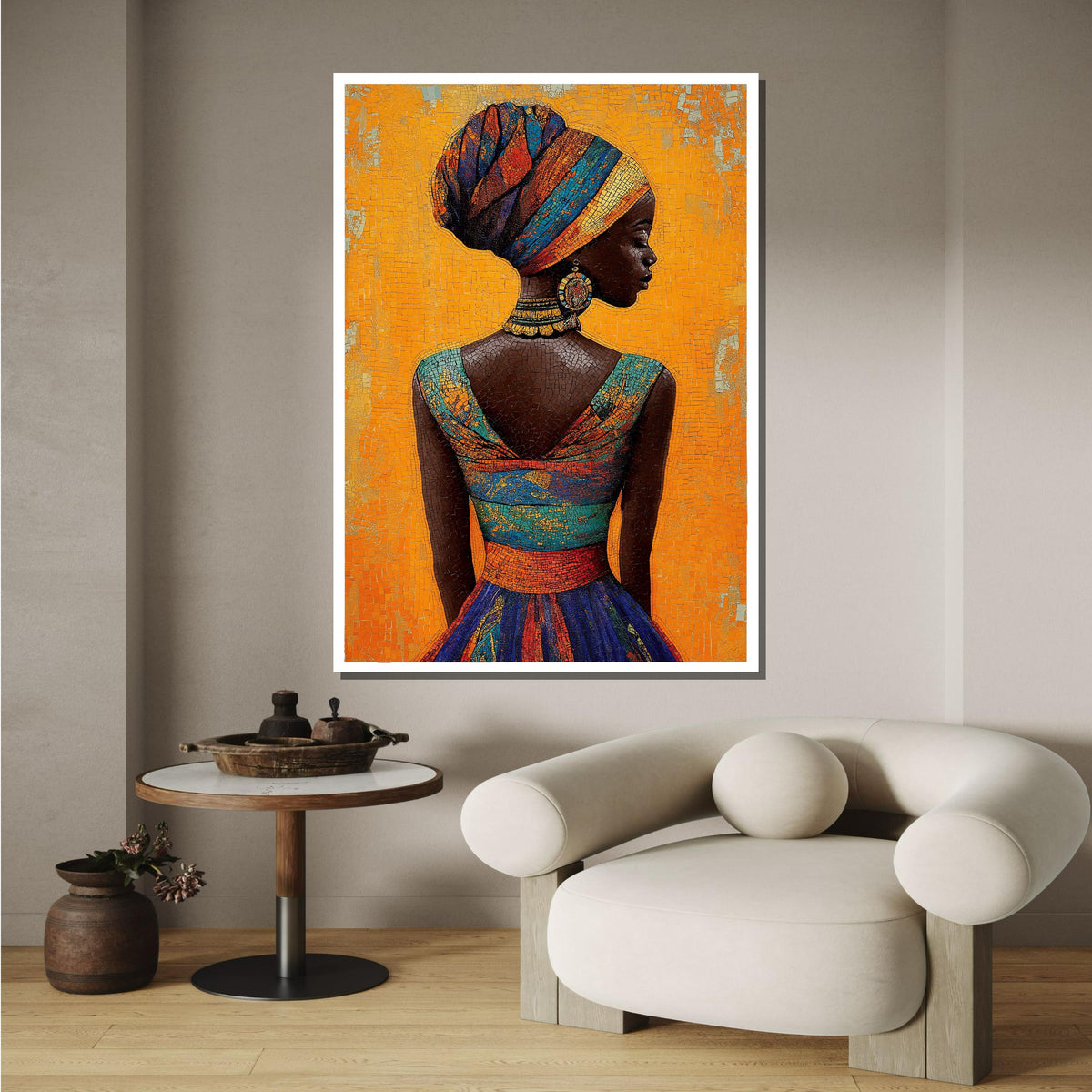 Elegant African Woman Canvas, Mosaic Portrait Art, Vibrant Headwrap Wall Art, African Dress Decor, Bold Orange Background, Ready to Hang