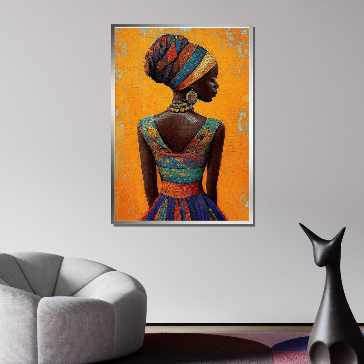 Elegant African Woman Canvas, Mosaic Portrait Art, Vibrant Headwrap Wall Art, African Dress Decor, Bold Orange Background, Ready to Hang