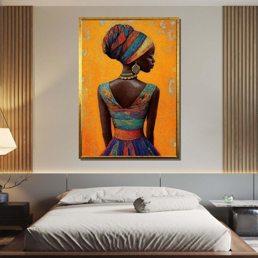 Elegant African Woman Canvas, Mosaic Portrait Art, Vibrant Headwrap Wall Art, African Dress Decor, Bold Orange Background, Ready to Hang
