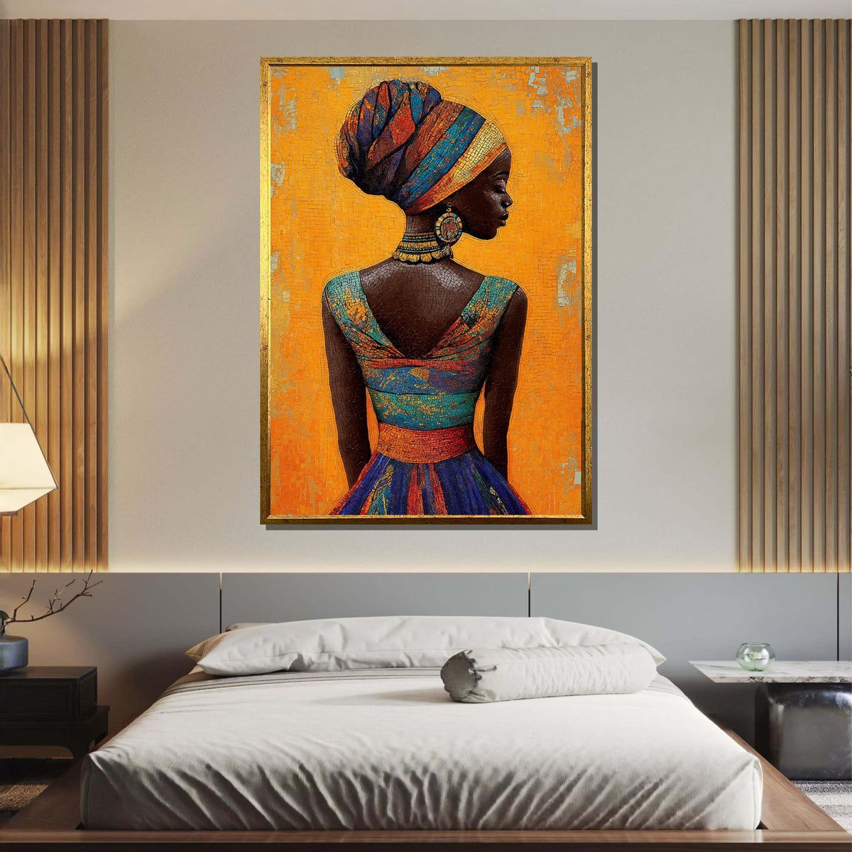 Elegant African Woman Canvas, Mosaic Portrait Art, Vibrant Headwrap Wall Art, African Dress Decor, Bold Orange Background, Ready to Hang