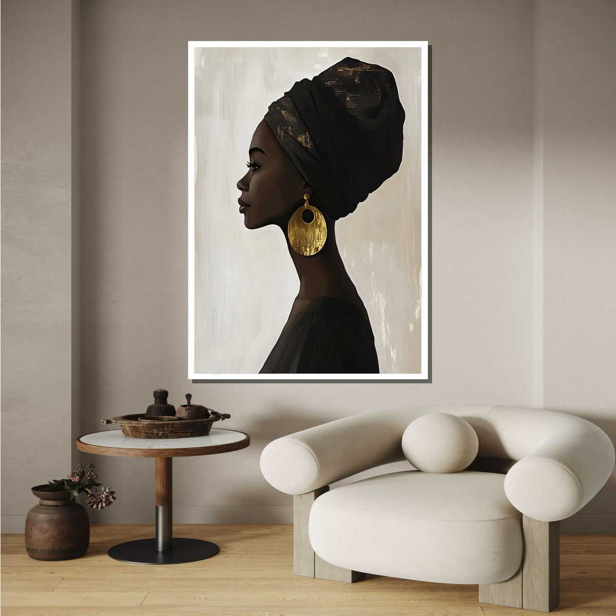 Elegant Profile Silhouette, Afrocentric Woman Portrait, Gold Earring Art, Afro Canvas, Black Woman,Minimalist Wall Art,Ready to Hang Decor