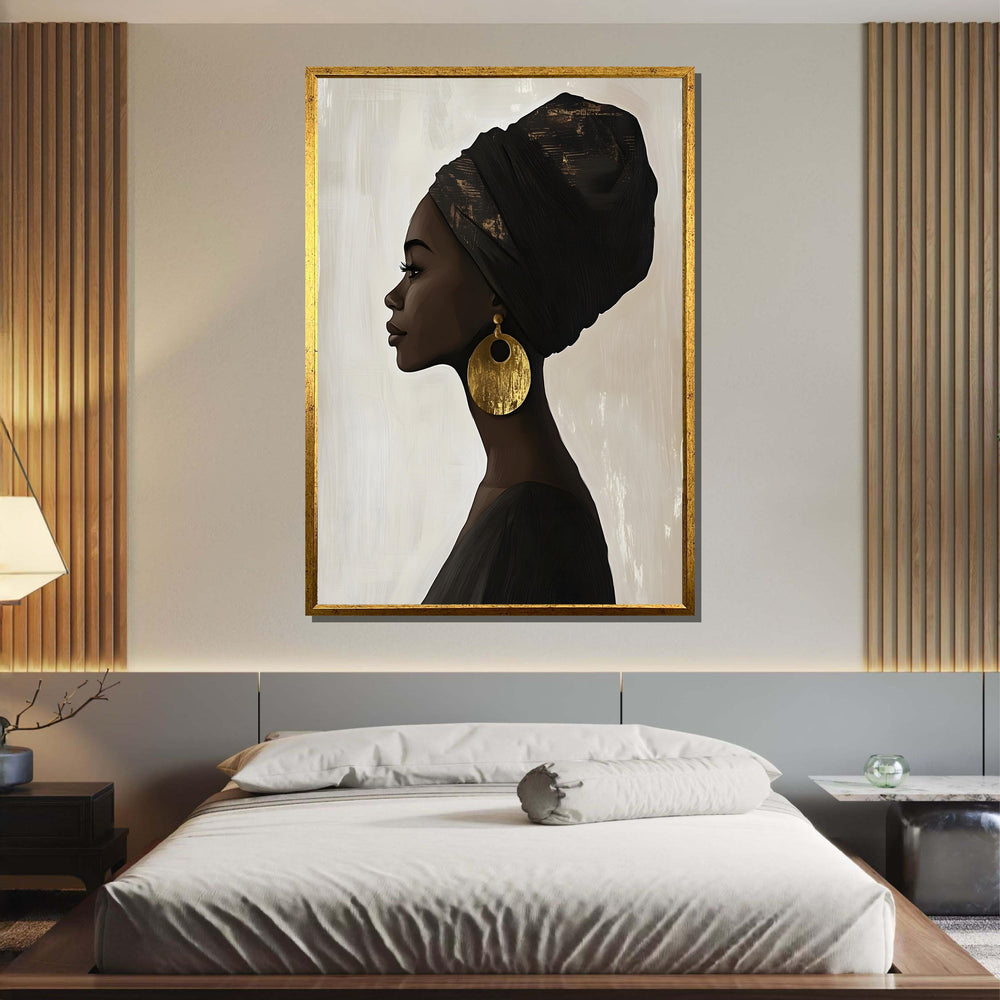 Elegant Profile Silhouette, Afrocentric Woman Portrait, Gold Earring Art, Afro Canvas, Black Woman,Minimalist Wall Art,Ready to Hang Decor
