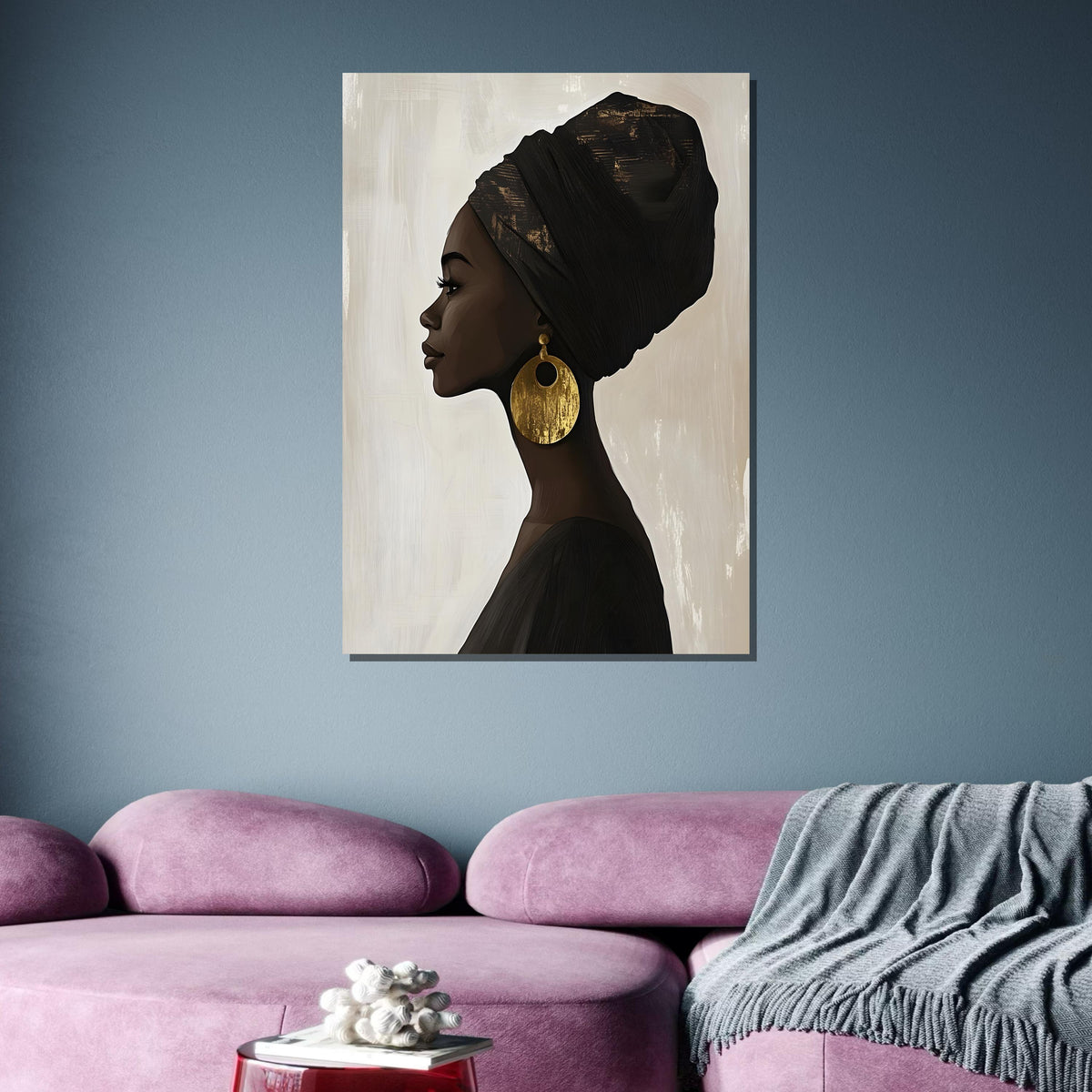 Elegant Profile Silhouette, Afrocentric Woman Portrait, Gold Earring Art, Afro Canvas, Black Woman,Minimalist Wall Art,Ready to Hang Decor